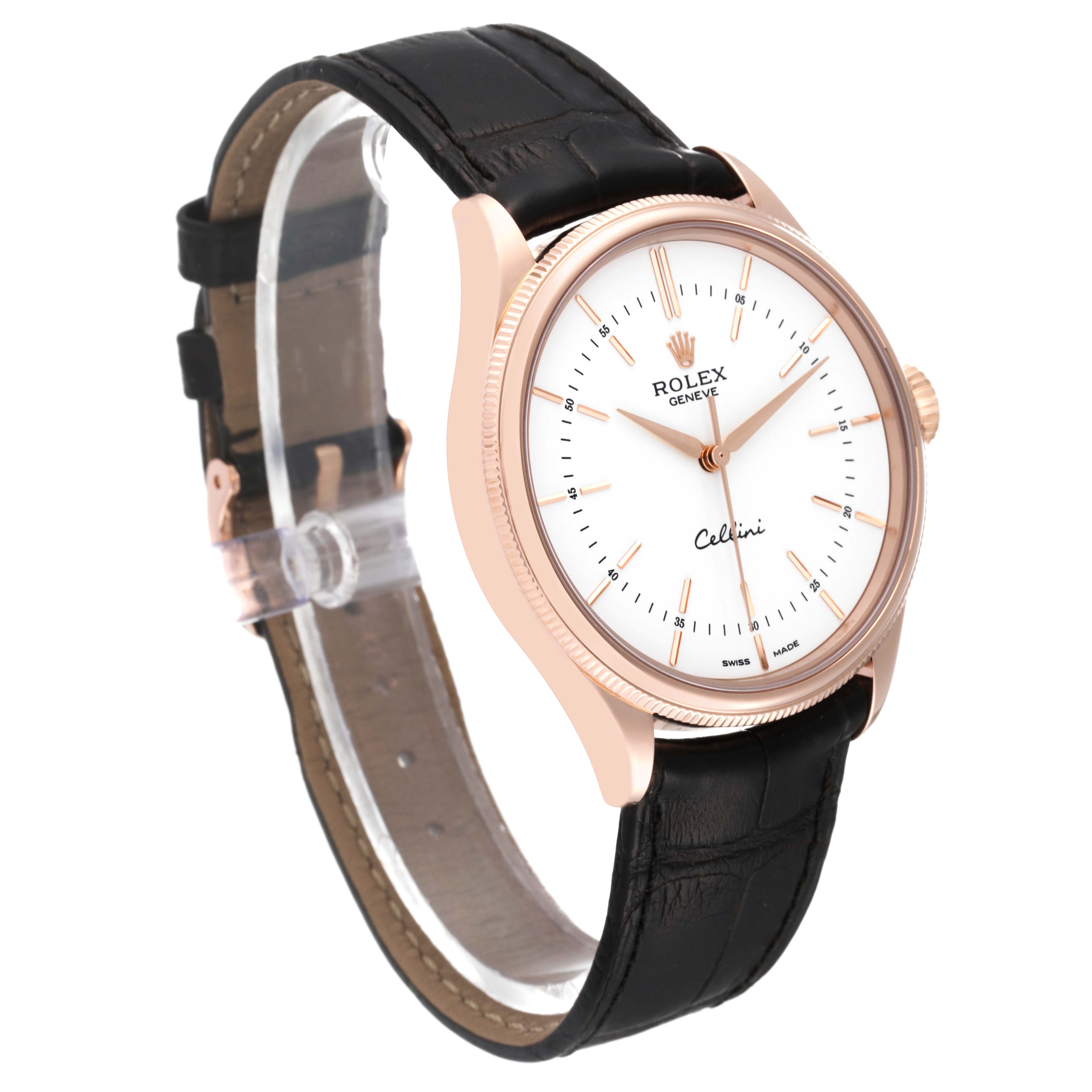 The Rolex Cellini 50505 Men's Rose Gold White Dial 50505 Men's Rose Gold White Dial watch is shown at a slight angle, highlighting its face, bezel, and leather strap.