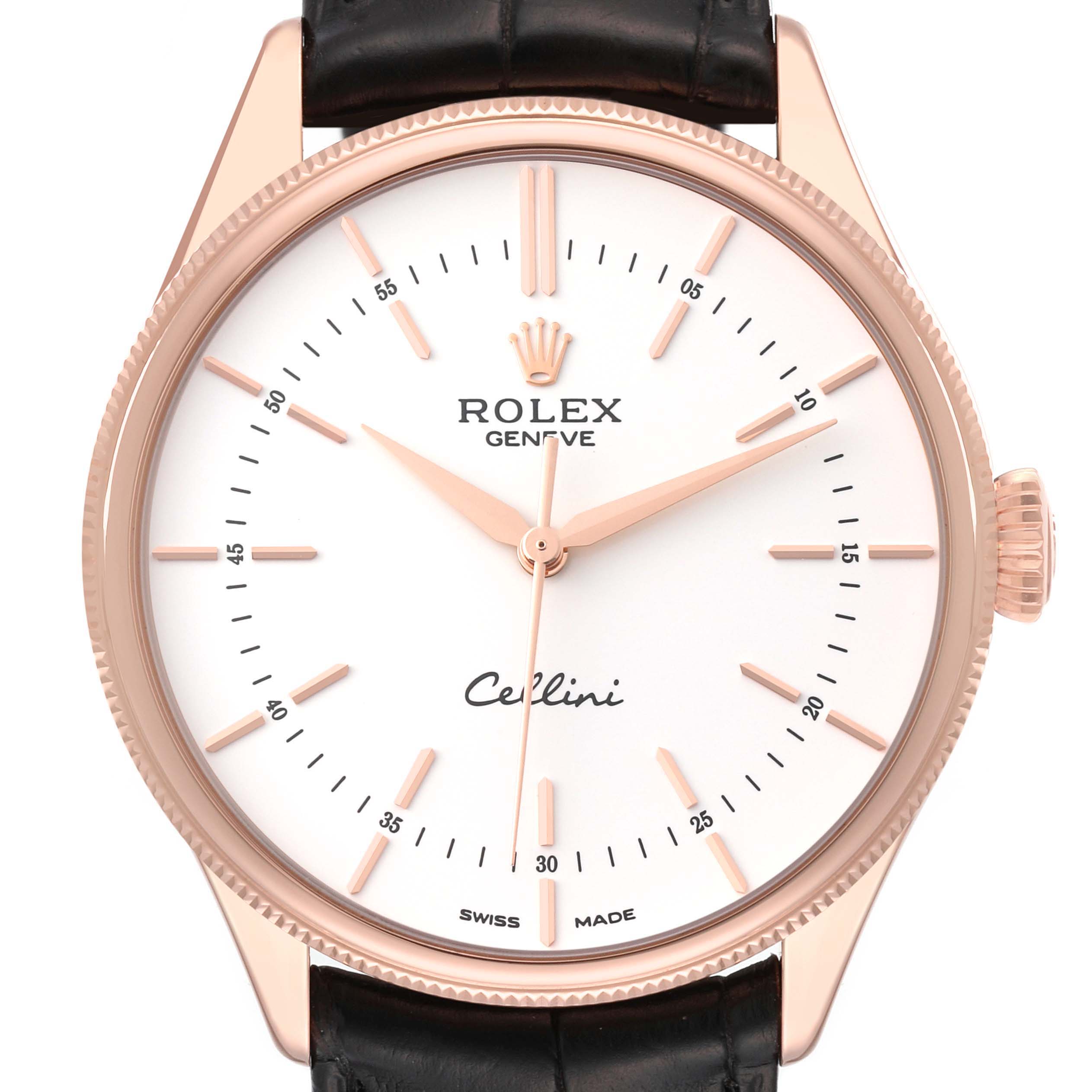 This image shows the dial, hands, crown, and part of the strap of a Rolex Cellini 50505 Men's Rose Gold White Dial 50505 Men's Rose Gold White Dial watch from a frontal angle.