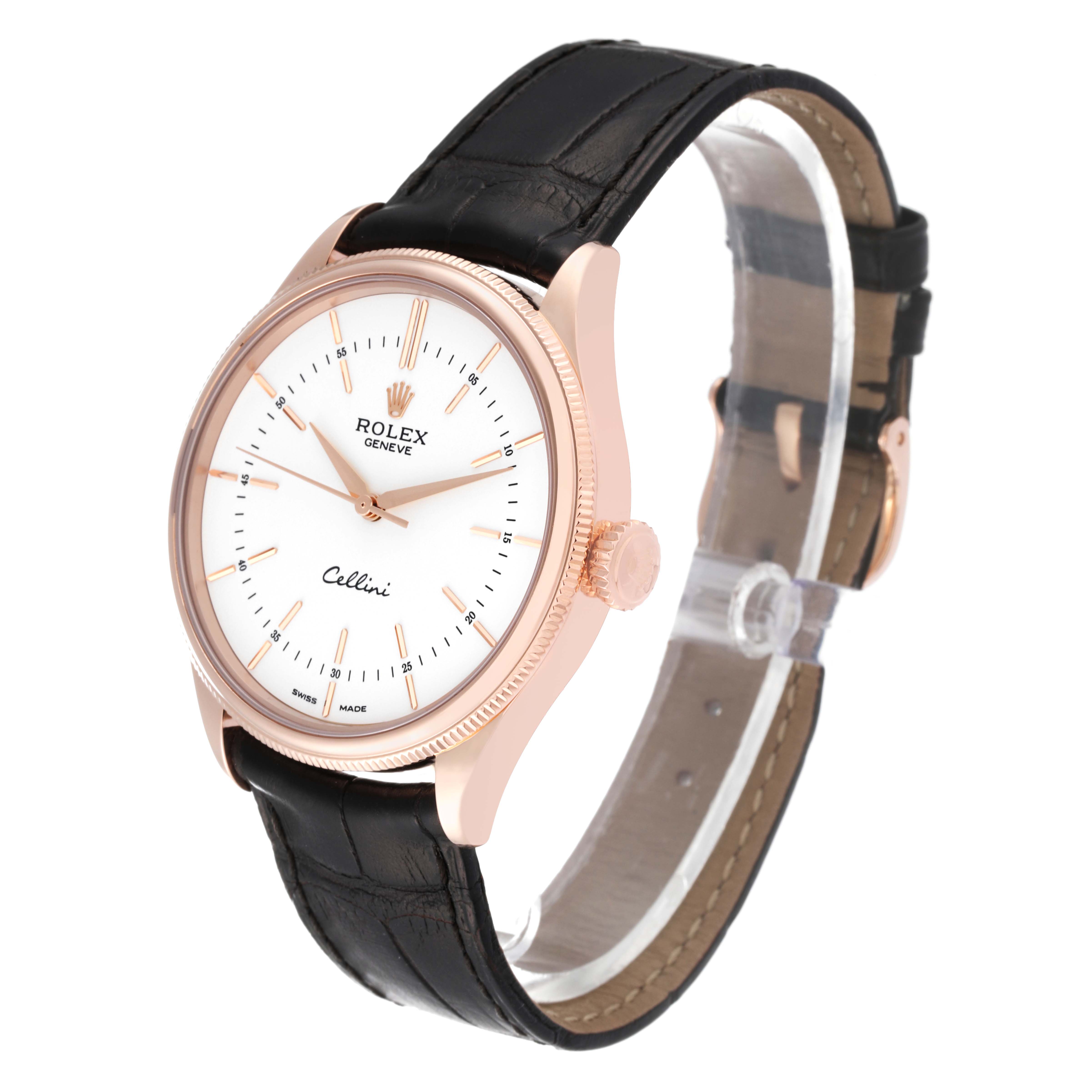 The image shows a Rolex Cellini 50505 Men's Rose Gold White Dial 50505 Men's Rose Gold White Dial watch at a three-quarter angle, featuring its face, bezel, crown, and leather strap.