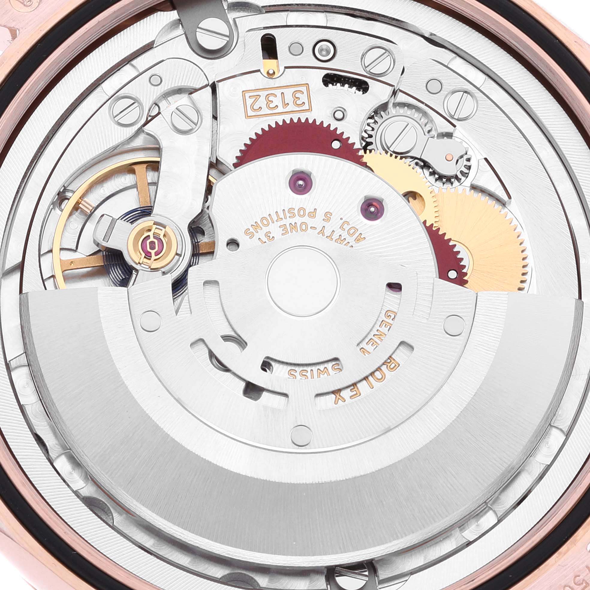 This image shows the inner mechanical movement of the Rolex Cellini 50505 Men's Rose Gold White Dial 50505 Men's Rose Gold White Dial watch, focusing on its intricate gears and components.