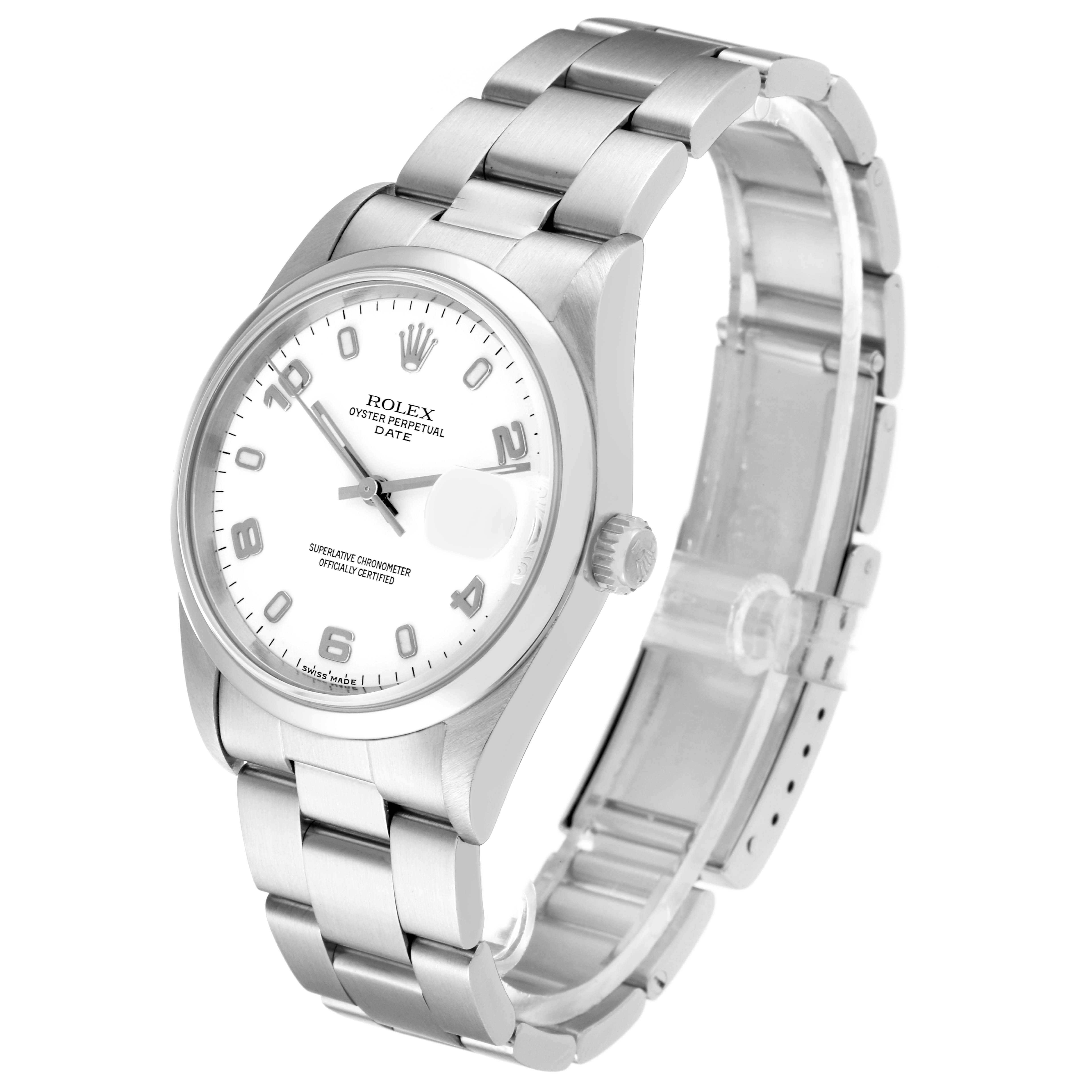 This image shows a Rolex Date 15200 Men's Stainless Steel White Dial 15200 Men's Stainless Steel White Dial model watch from a slightly angled side view, highlighting the bracelet and face.