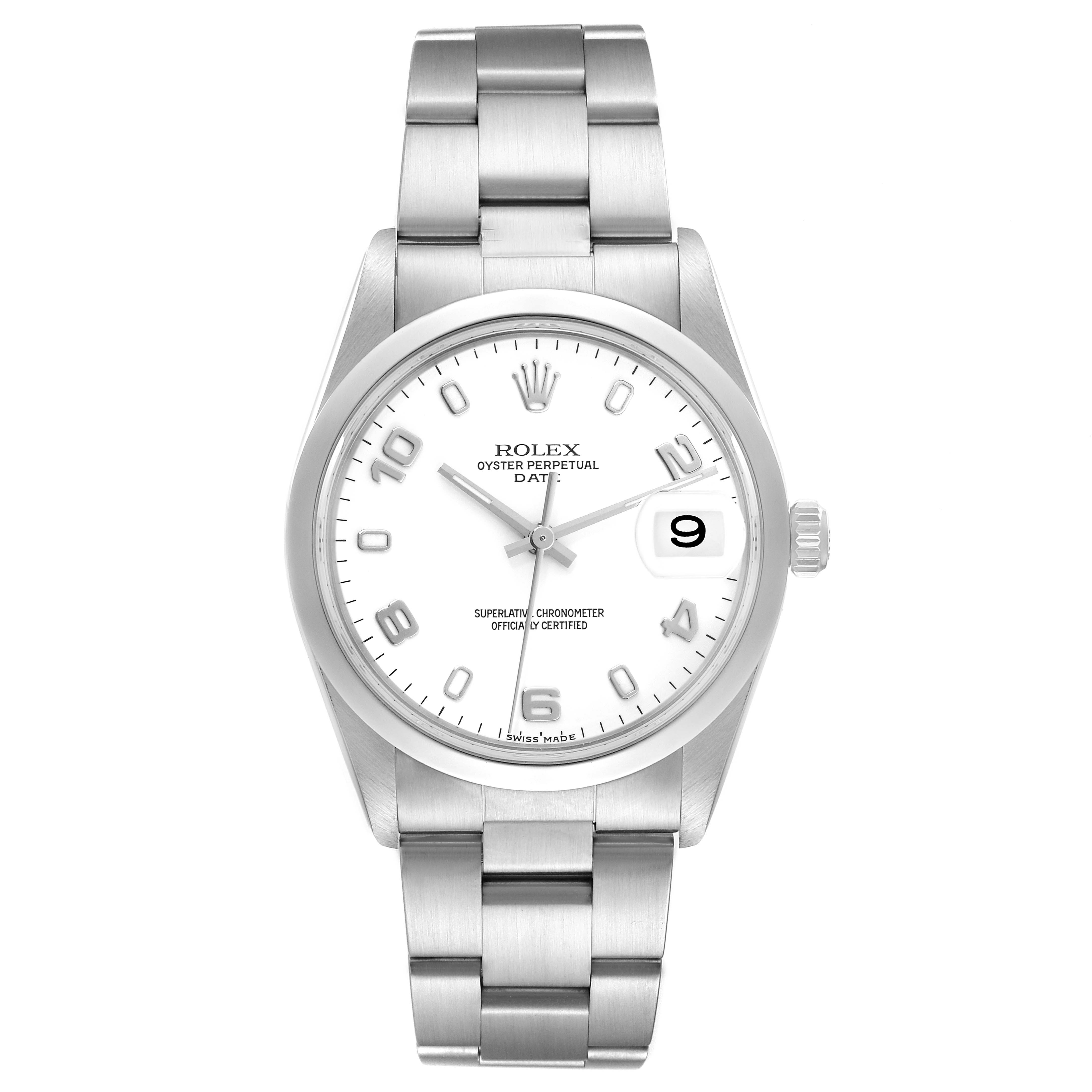 The image shows a front view of a Rolex Date 15200 Men's Stainless Steel White Dial 15200 Men's Stainless Steel White Dial model watch, displaying its dial, hands, crown, and stainless steel bracelet.