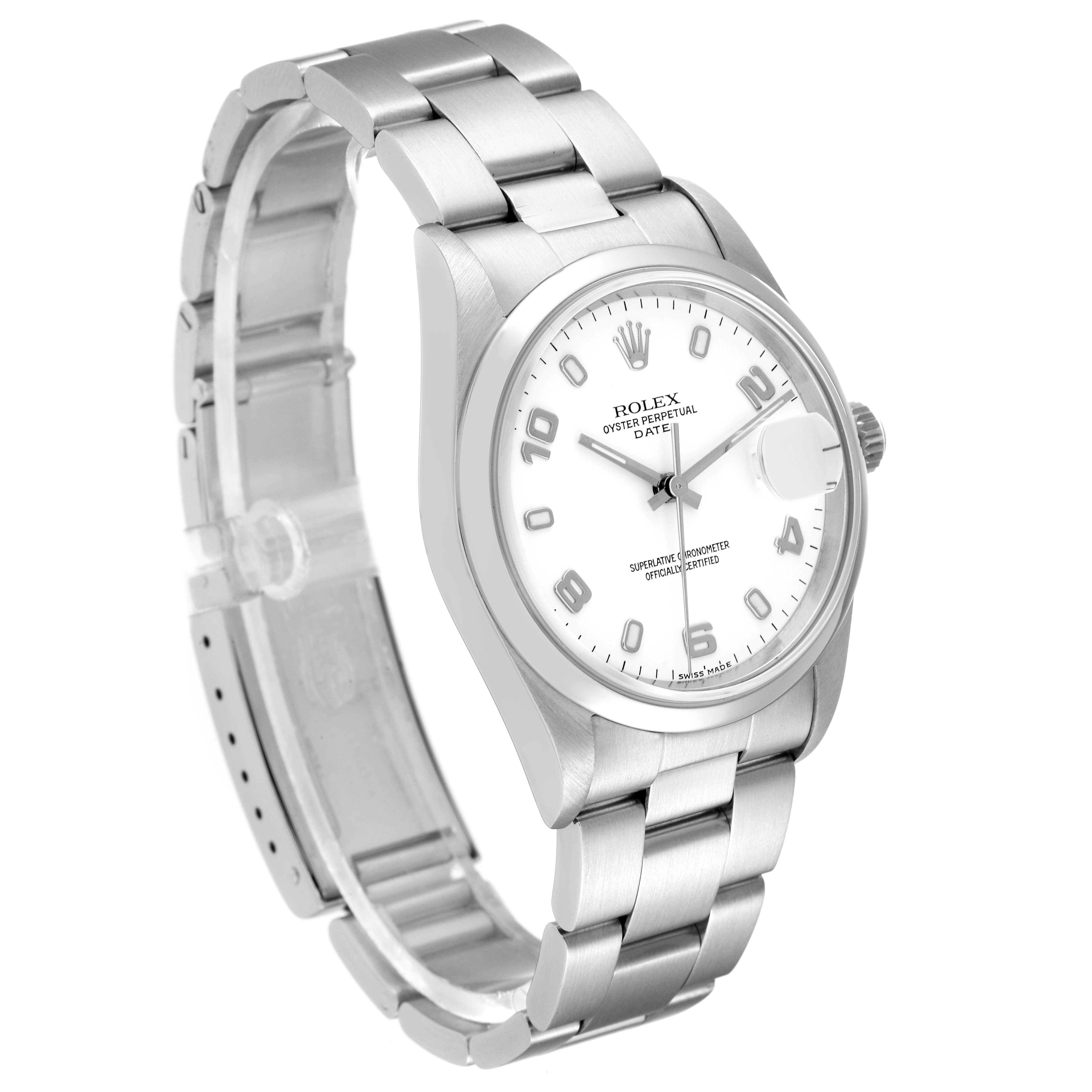This image shows a Rolex Date 15200 Men's Stainless Steel White Dial 15200 Men's Stainless Steel White Dial model watch angled to display its face, bracelet, and clasp.