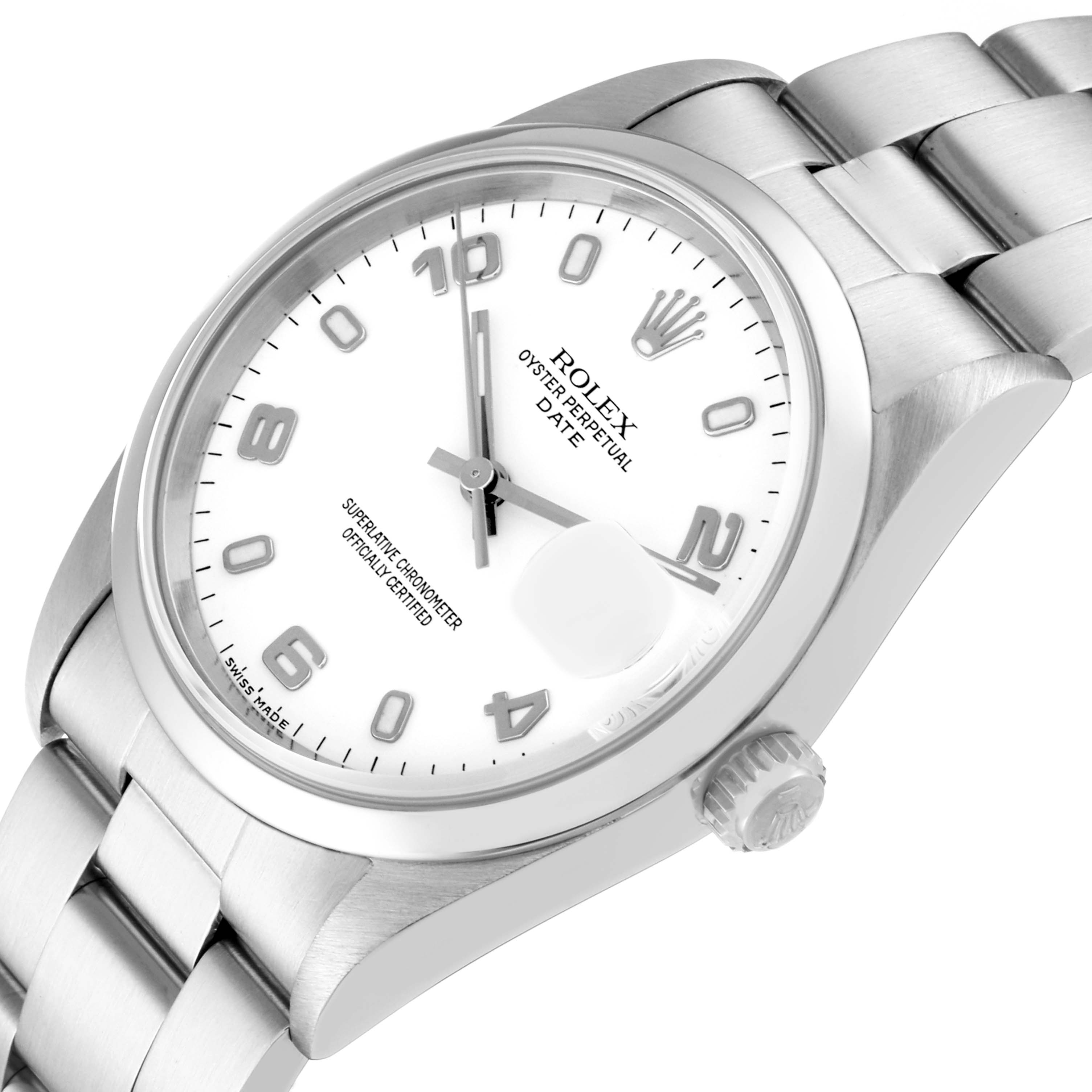 This image shows a close-up view of the Rolex Date 15200 Men's Stainless Steel White Dial 15200 Men's Stainless Steel White Dial model watch, highlighting the dial, crown, and part of the bracelet.