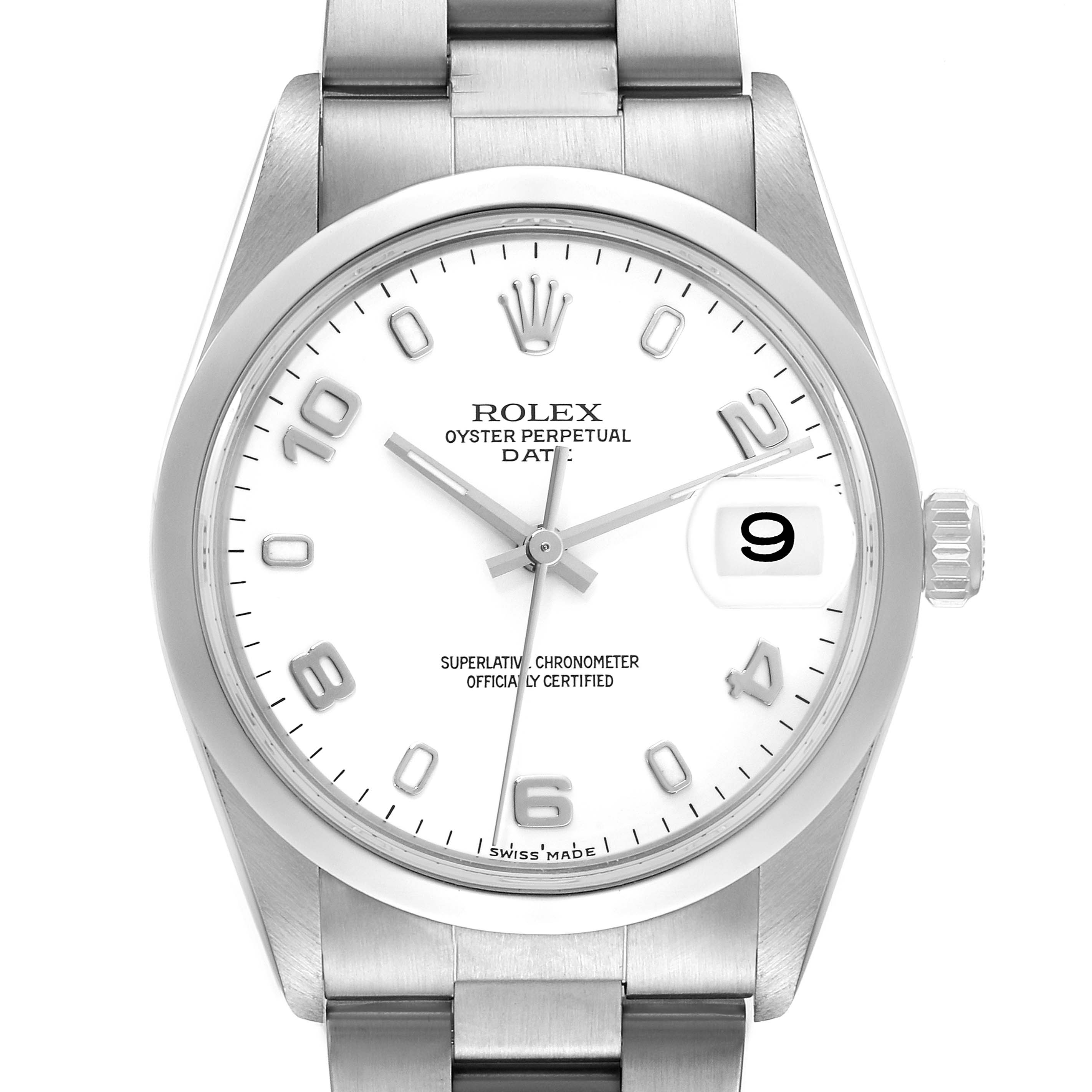 This image shows a frontal view of the Rolex Oyster Perpetual Date model, displaying the dial, watch case, and bracelet.