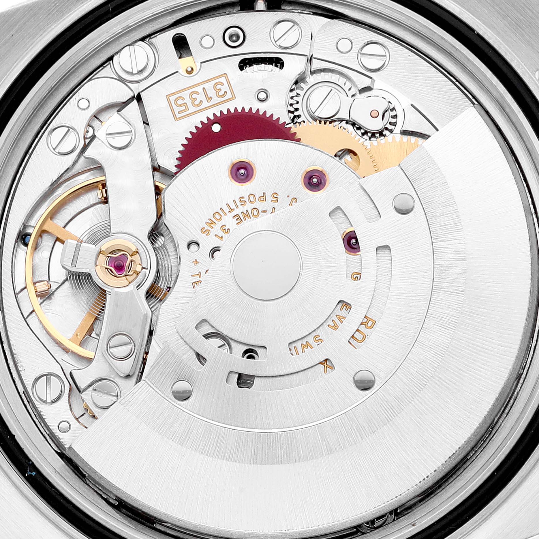 The image shows the intricate internal movement mechanism of a Rolex Datejust 16234 Men's Stainless Steel White Dial 16234 Men's Stainless Steel White Dial watch.