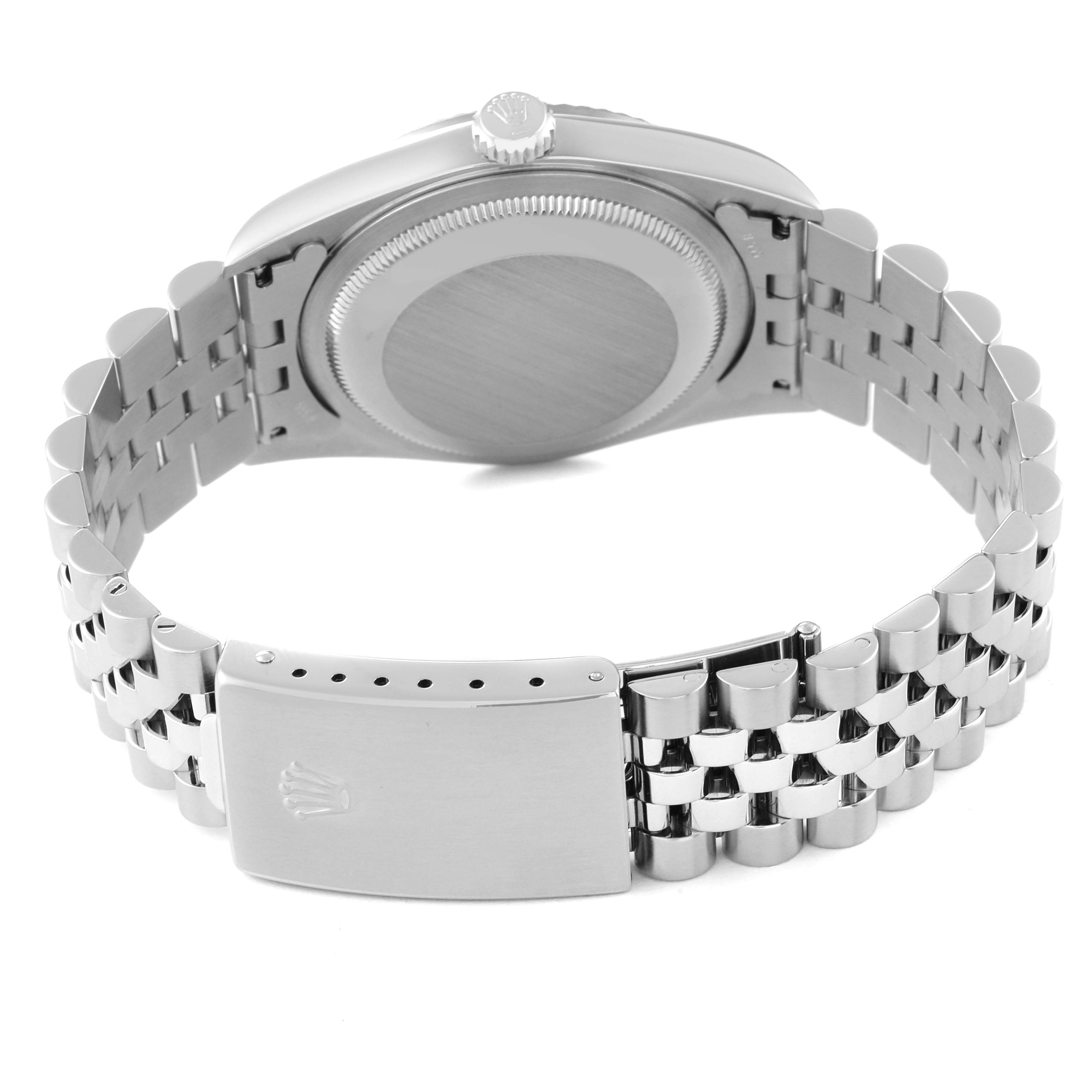 This image shows the case back and bracelet clasp of a Rolex Datejust 16234 Men's Stainless Steel White Dial 16234 Men's Stainless Steel White Dial, viewed from the rear.