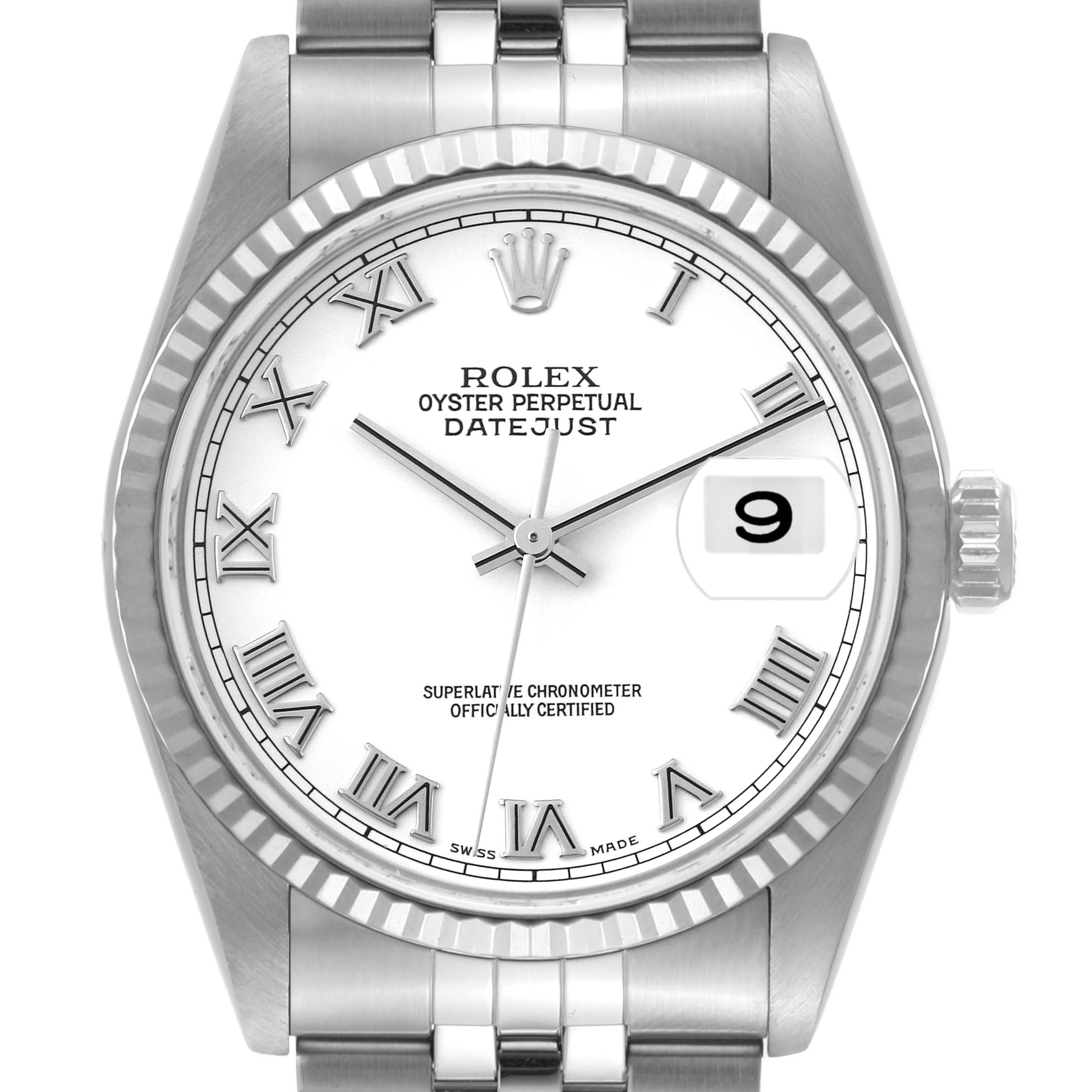 This image shows a front view of a Rolex Datejust 16234 Men's Stainless Steel White Dial 16234 Men's Stainless Steel White Dial watch with a white dial, Roman numerals, and a date window at the 3 o'clock position.