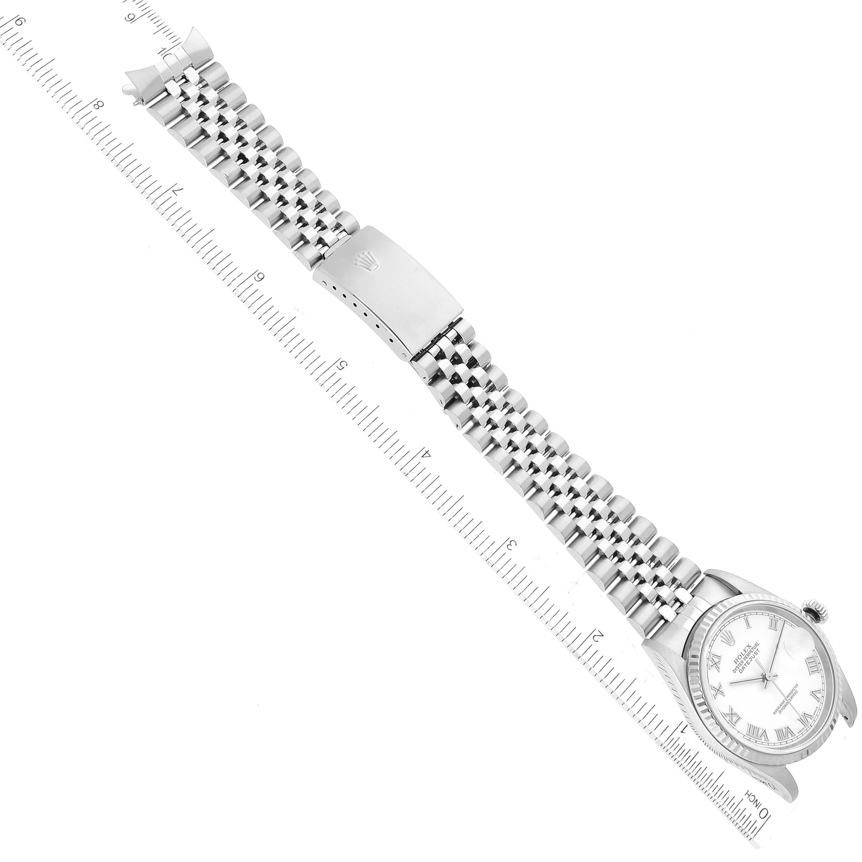 The image shows a top-down view of a Rolex Datejust 16234 Men's Stainless Steel White Dial 16234 Men's Stainless Steel White Dial watch, including its face, bezel, bracelet, and clasp.