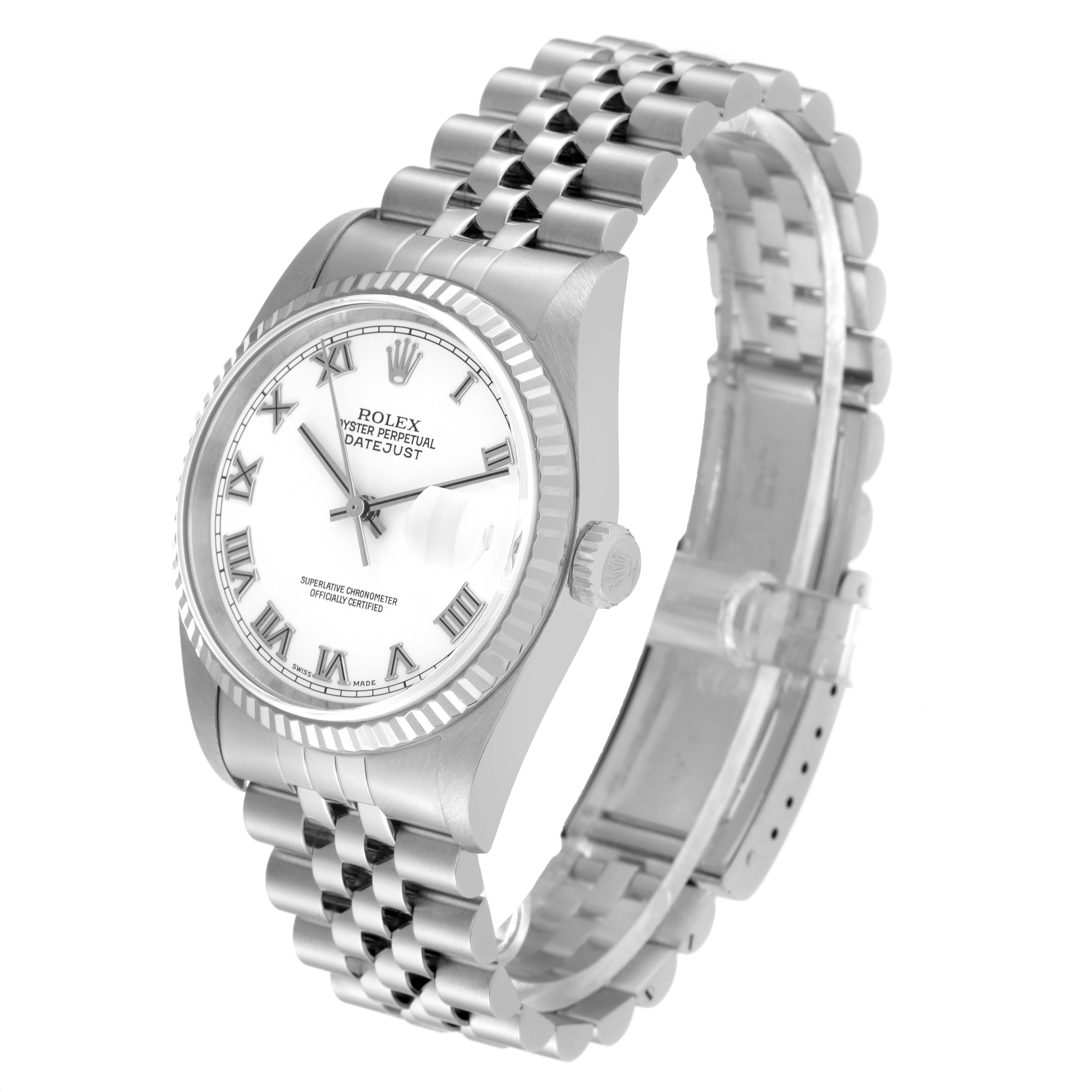 This image shows a side angle view of the Rolex Datejust 16234 Men's Stainless Steel White Dial 16234 Men's Stainless Steel White Dial watch, displaying the dial, bezel, and bracelet.