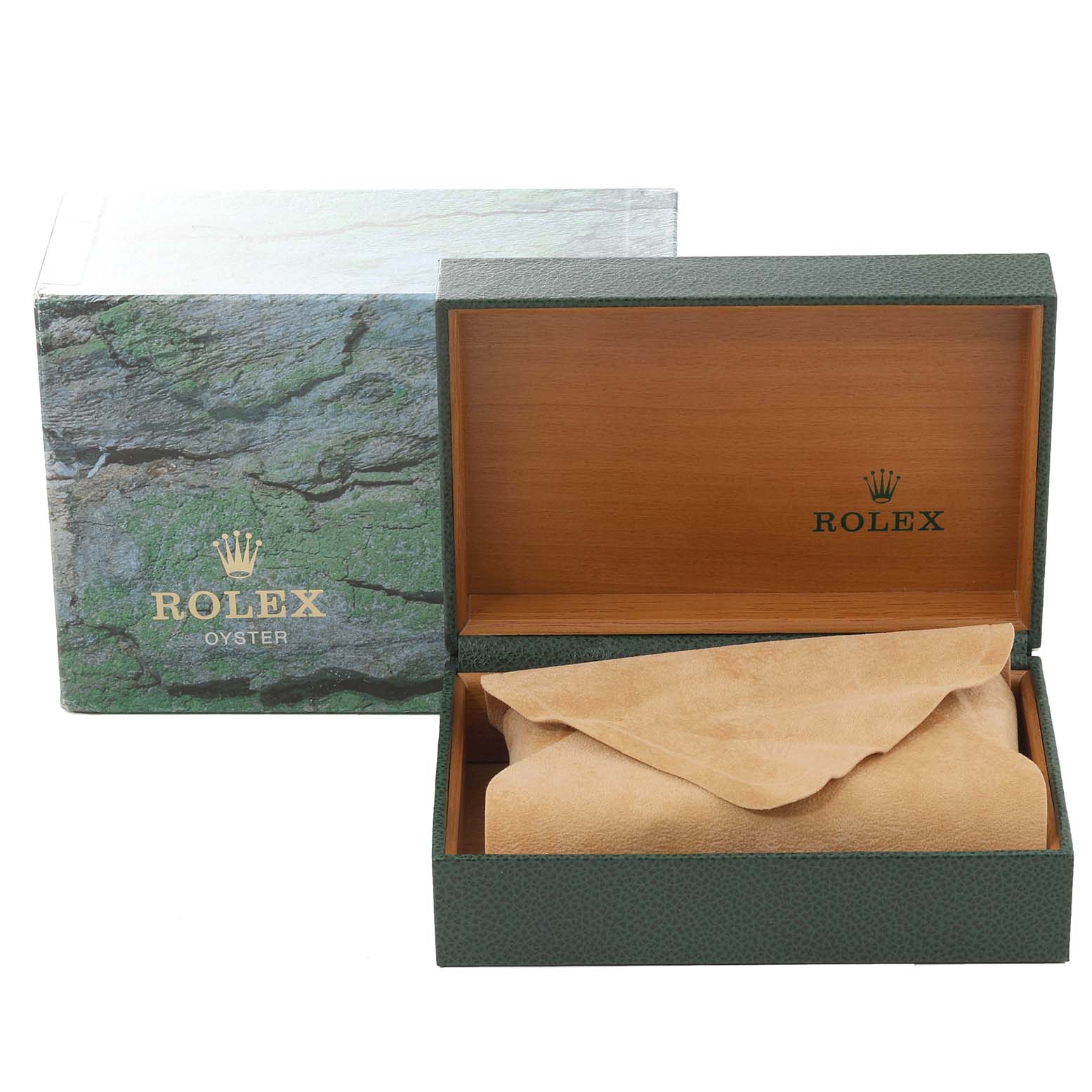 The image shows a Rolex Datejust 16234 Men's Stainless Steel White Dial 16234 Men's Stainless Steel White Dial watch box and its protective pouch, with the box open and the watch not visible.