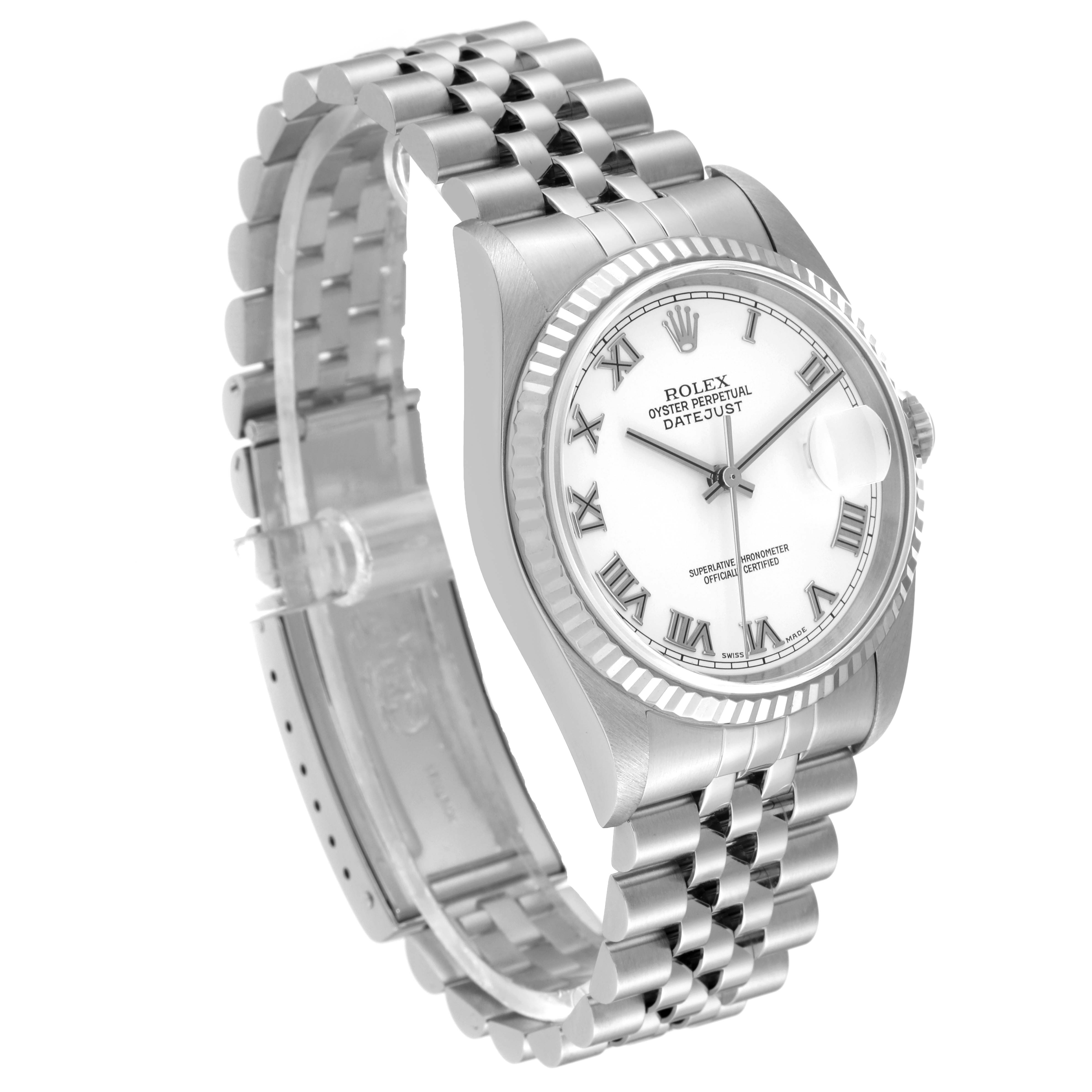 The Rolex Datejust 16234 Men's Stainless Steel White Dial 16234 Men's Stainless Steel White Dial watch is shown at a three-quarter angle, highlighting the white dial, Roman numerals, fluted bezel, and Jubilee bracelet.