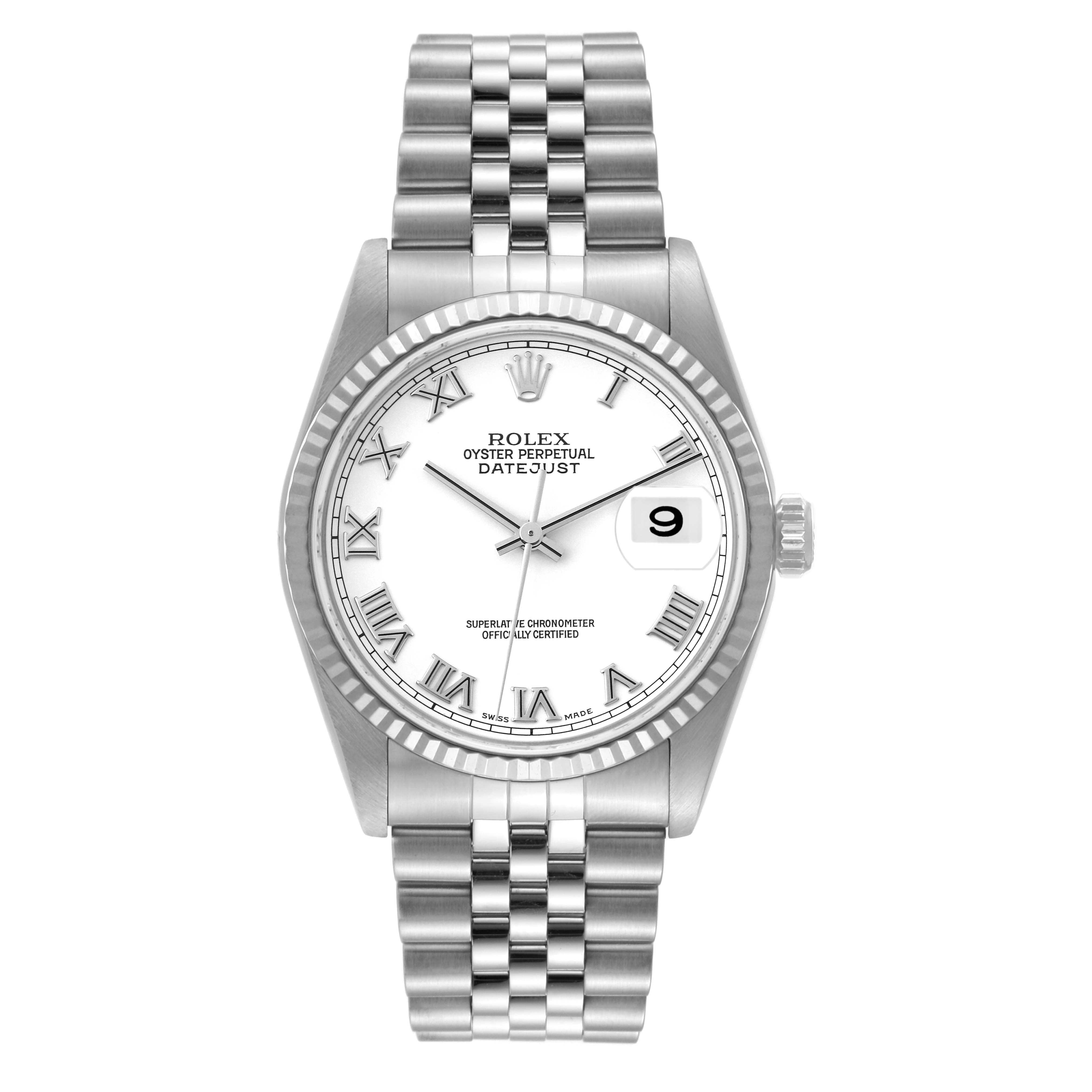The image shows a Rolex Datejust 16234 Men's Stainless Steel White Dial 16234 Men's Stainless Steel White Dial watch from a front angle, displaying its face, bracelet, and date function.