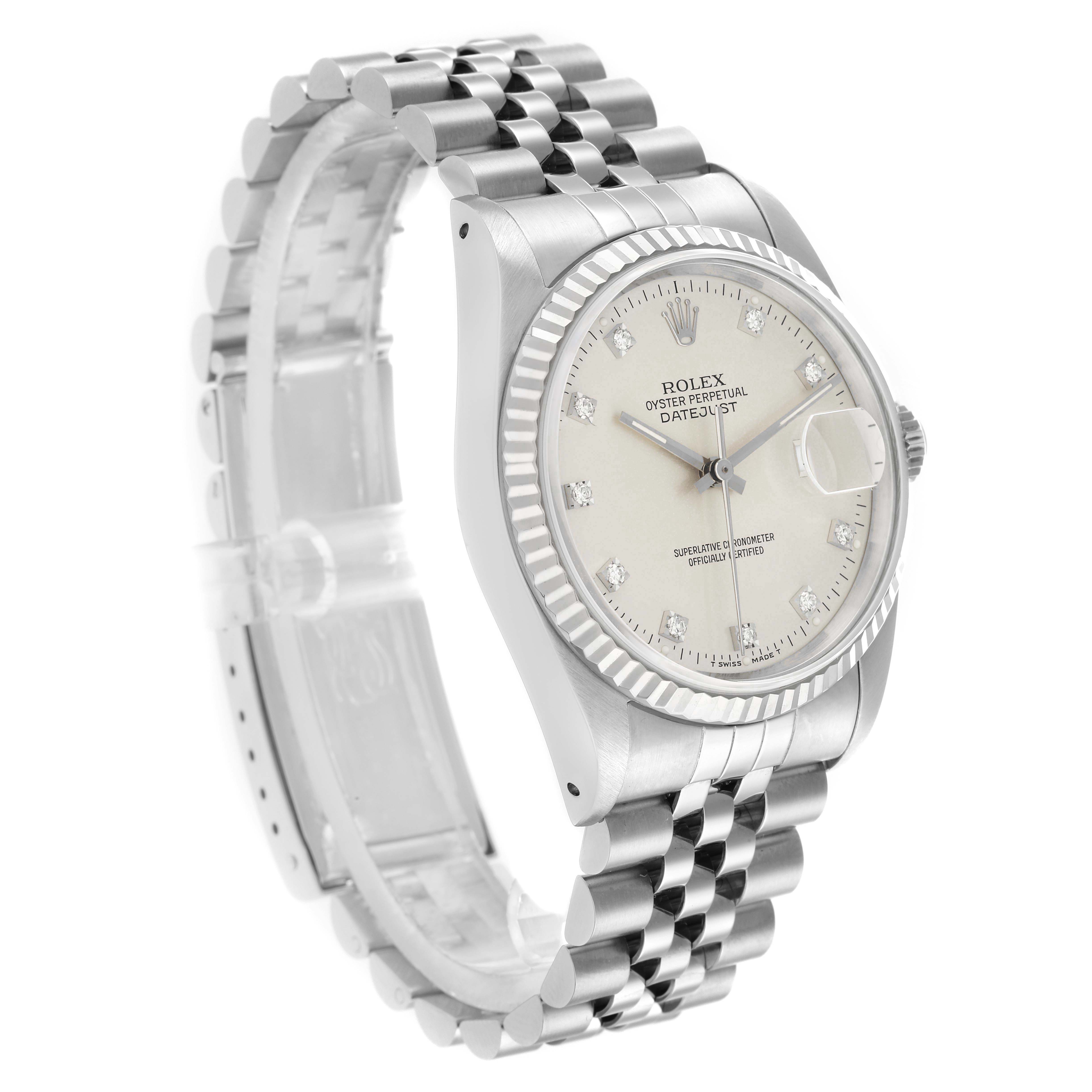 The Rolex Datejust 16234 Men
s Stainless Steel Silver Dial is shown at a three-quarter angle, highlighting the dial, fluted bezel, and Jubilee bracelet.