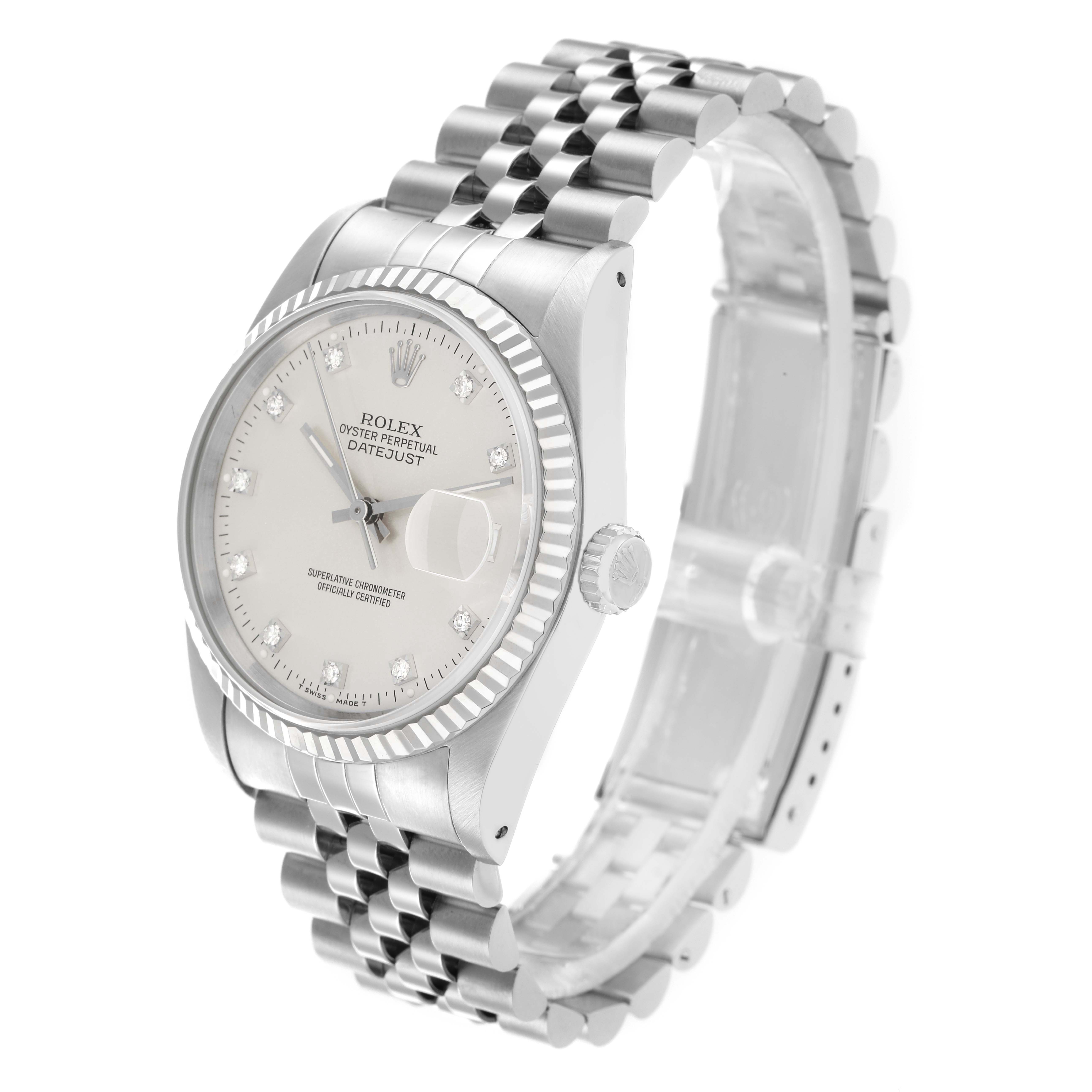The Rolex Datejust 16234 Men
s Stainless Steel Silver Dial watch is shown at a slight angle, displaying its face, fluted bezel, crown, and Jubilee bracelet.