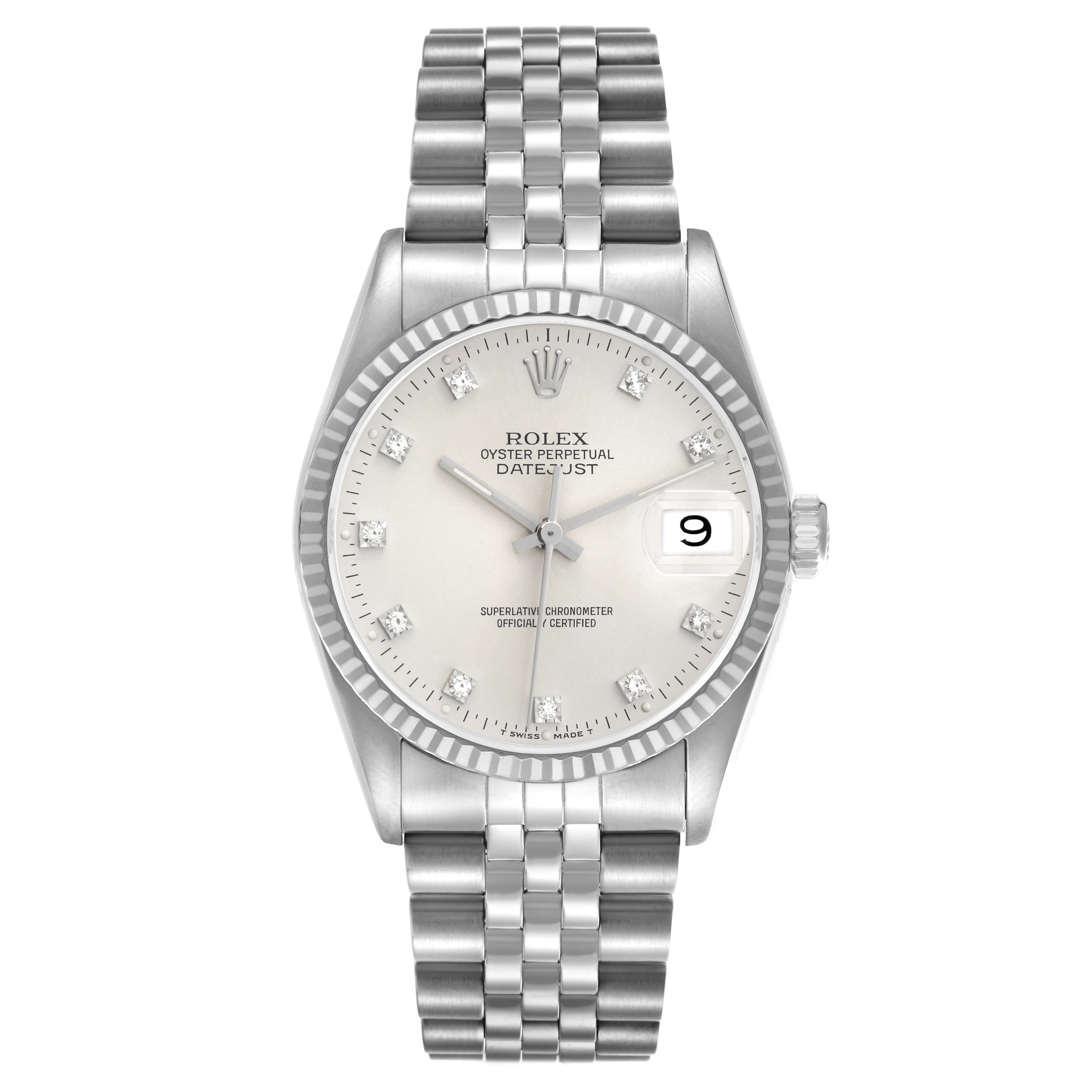 The Rolex Datejust 16234 Men
s Stainless Steel Silver Dial watch is shown from the front, highlighting the dial, bezel, hands, date window, and part of the bracelet.