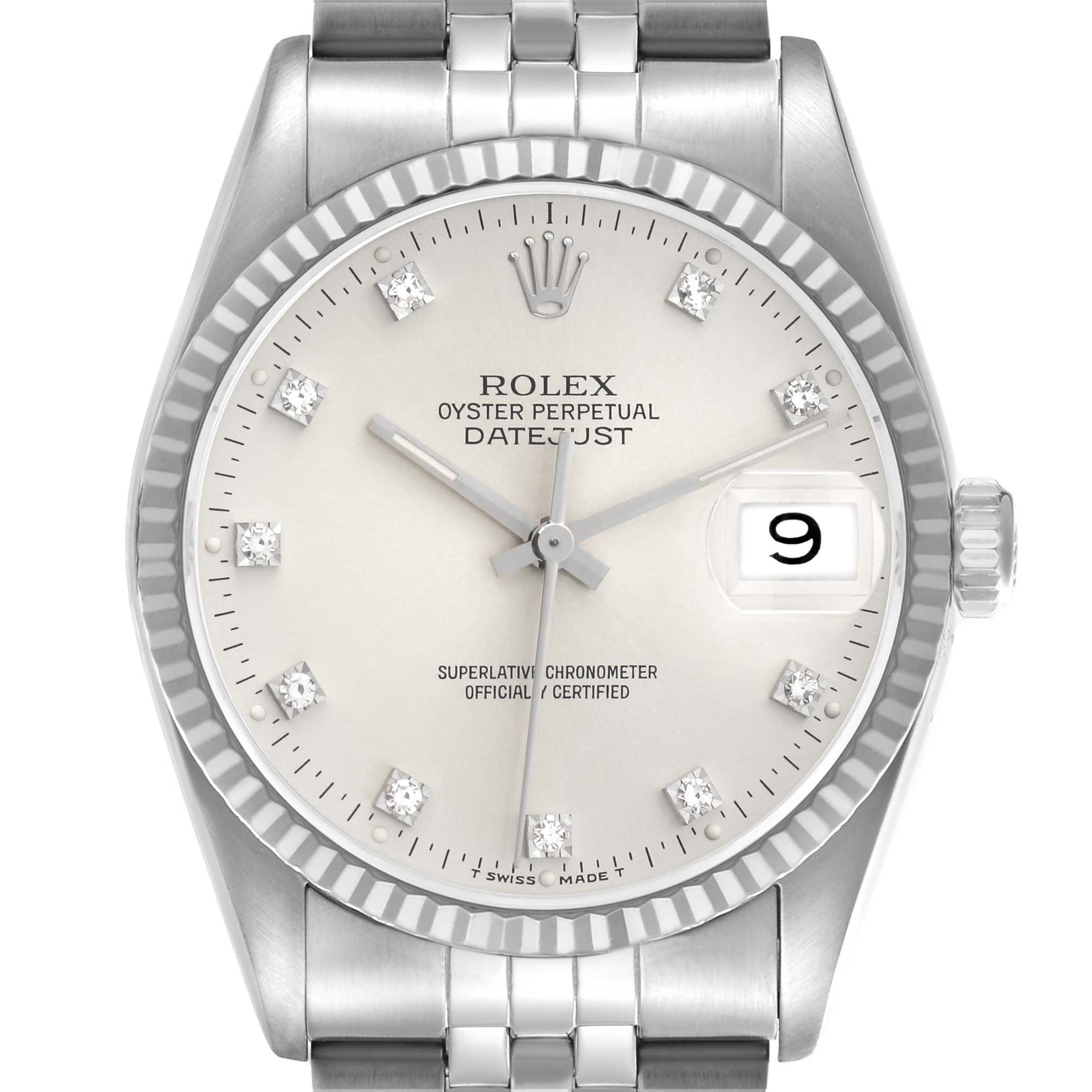 The image shows a front view of a Rolex Datejust 16234 Men
s Stainless Steel Silver Dial, highlighting its dial, fluted bezel, and part of the bracelet.