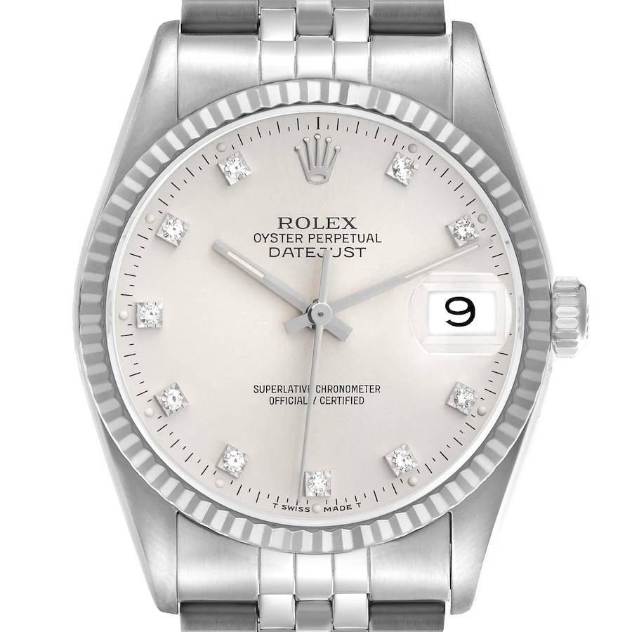 The image shows a front view of a Rolex Datejust 16234 Men's Stainless Steel Silver Dial, highlighting its dial, fluted bezel, and part of the bracelet.