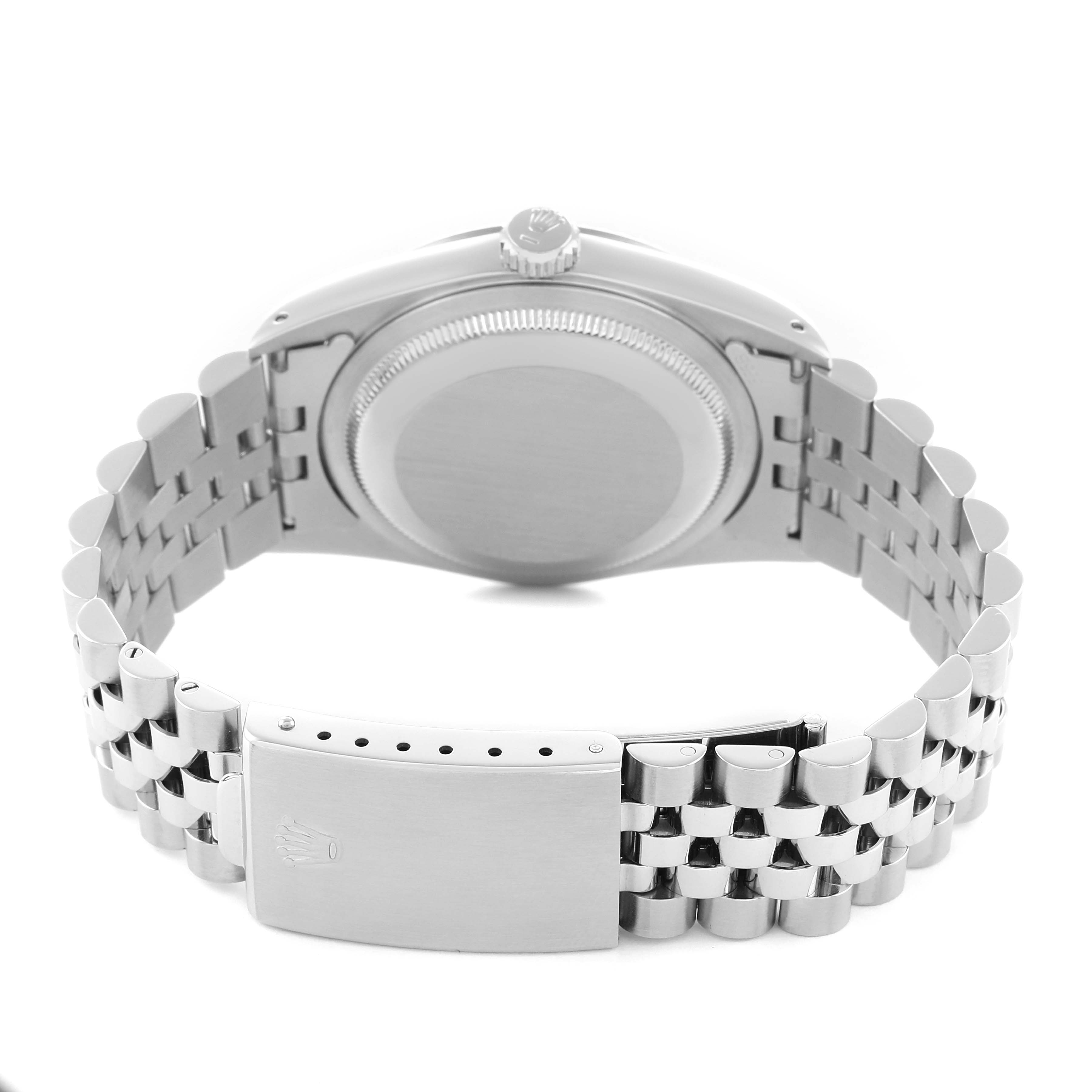 The image shows the back of a Rolex Datejust 16234 Men
s Stainless Steel Silver Dial watch, highlighting the case, crown, and jubilee bracelet with the clasp.