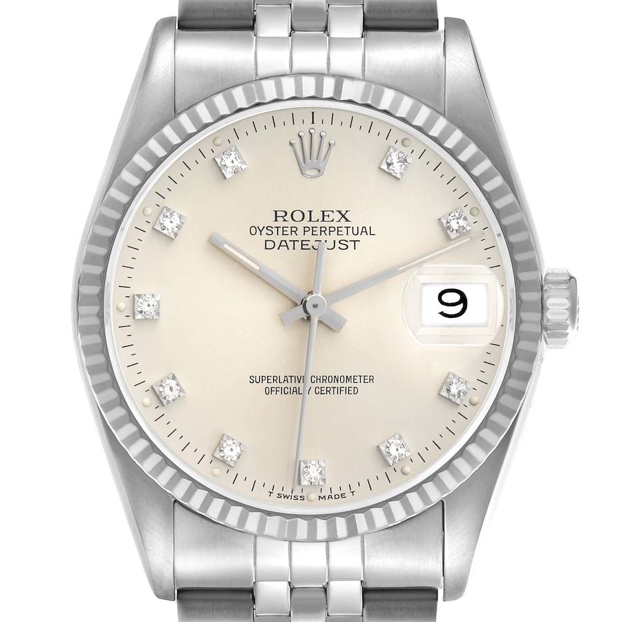 The Rolex Datejust 16234 Men's Stainless Steel Silver Dial watch is shown from a top-down angle, displaying the face, bezel, crown, and part of the bracelet.