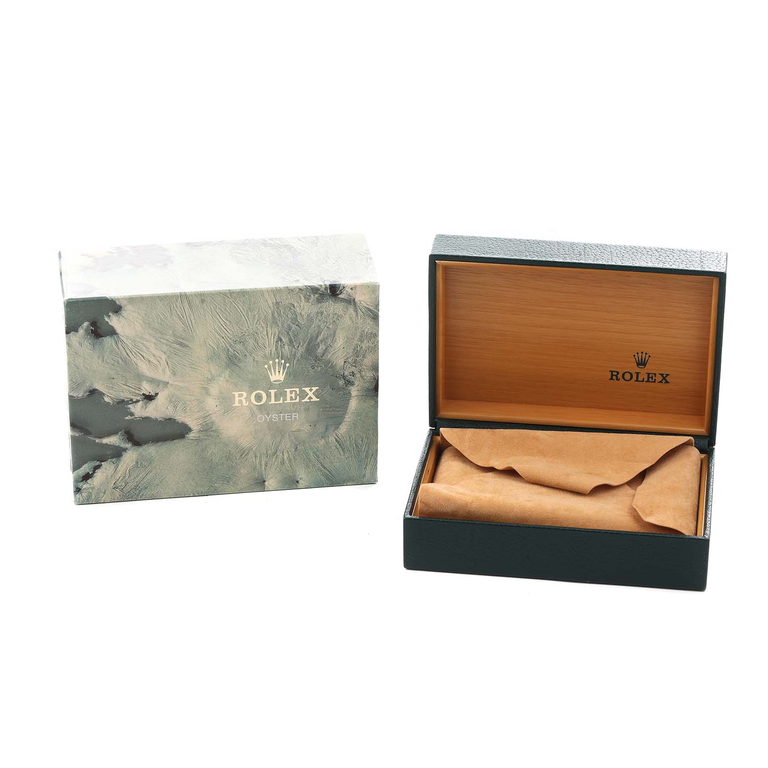 The image shows a Rolex Datejust 16234 Men
s Stainless Steel Silver Dial box, featuring its outer sleeve and inner wooden presentation case.