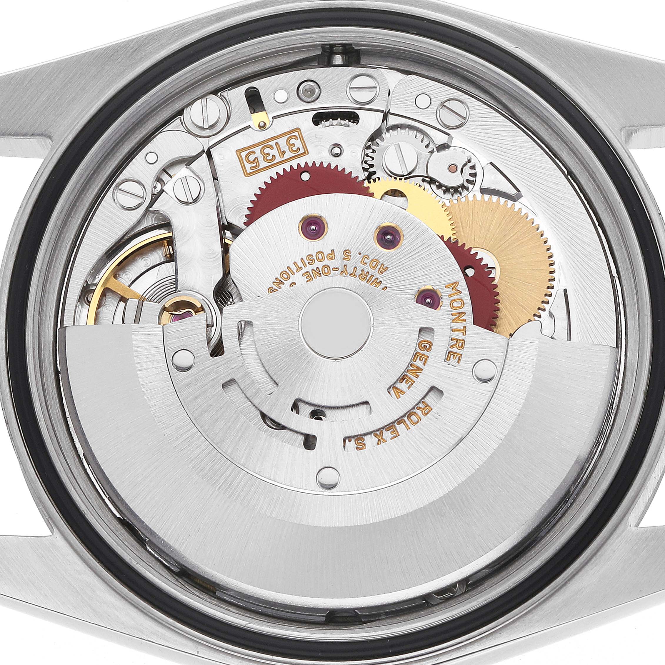 This image shows the Rolex Datejust 16234 Men
s Stainless Steel Silver Dial movement from the back, displaying gears and the rotor.