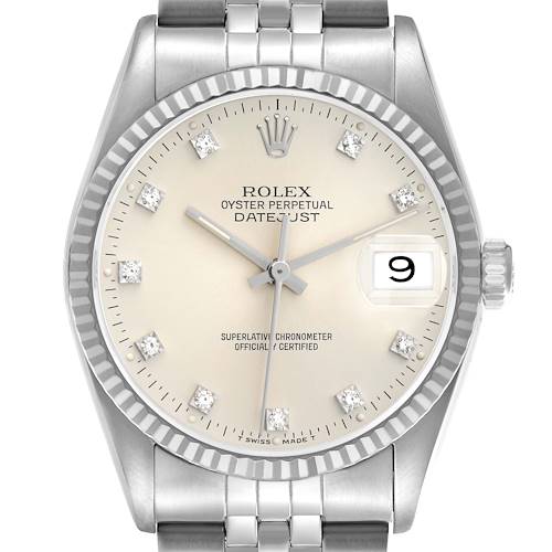 The Rolex Datejust 16234 Men's Stainless Steel Silver Dial watch is shown from a front view, highlighting the face, bezel, crown, and part of the bracelet.