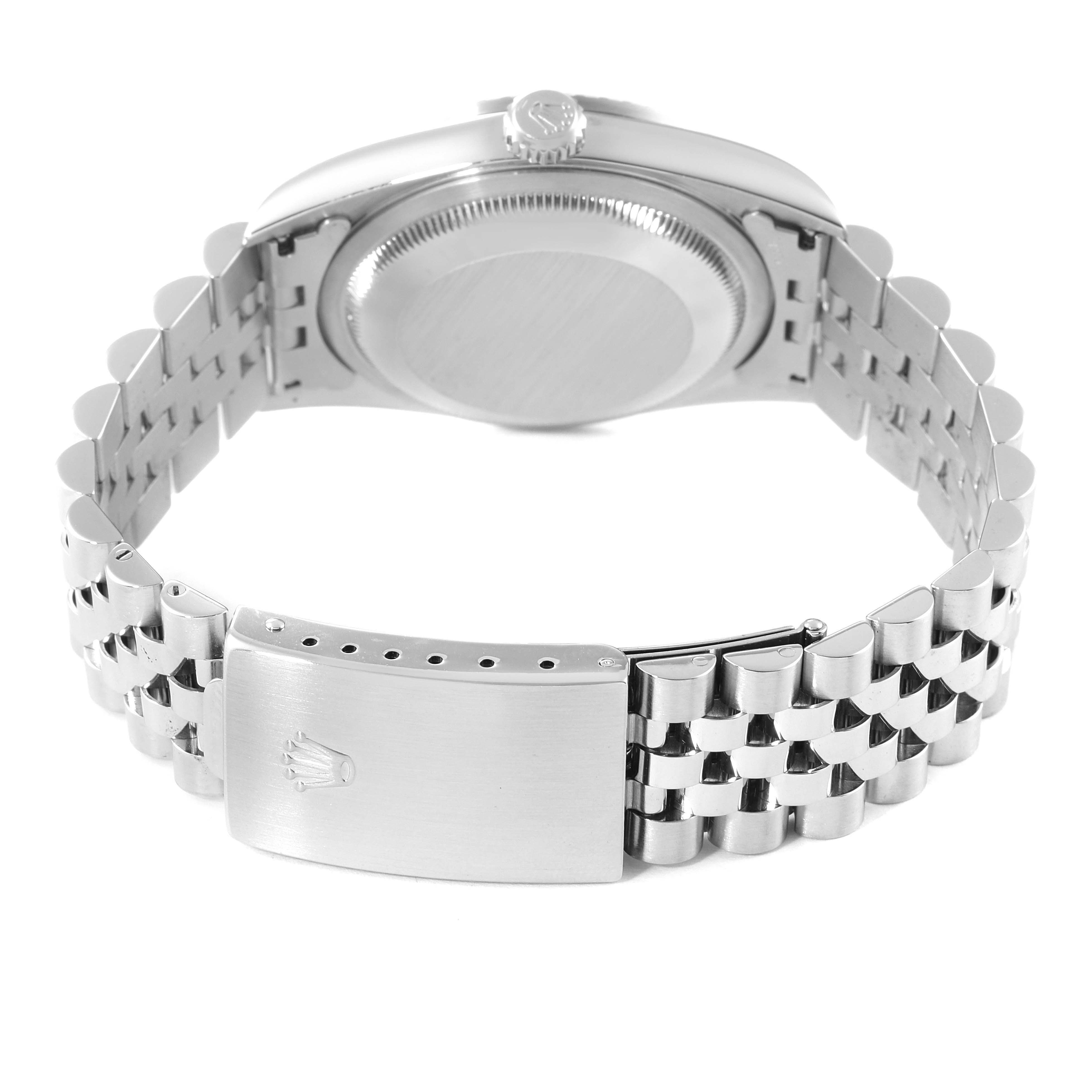 This image shows the back view of a Rolex Datejust 16220 Men's Stainless Steel White Dial 16220 Men's Stainless Steel White Dial watch, highlighting the bracelet and clasp.