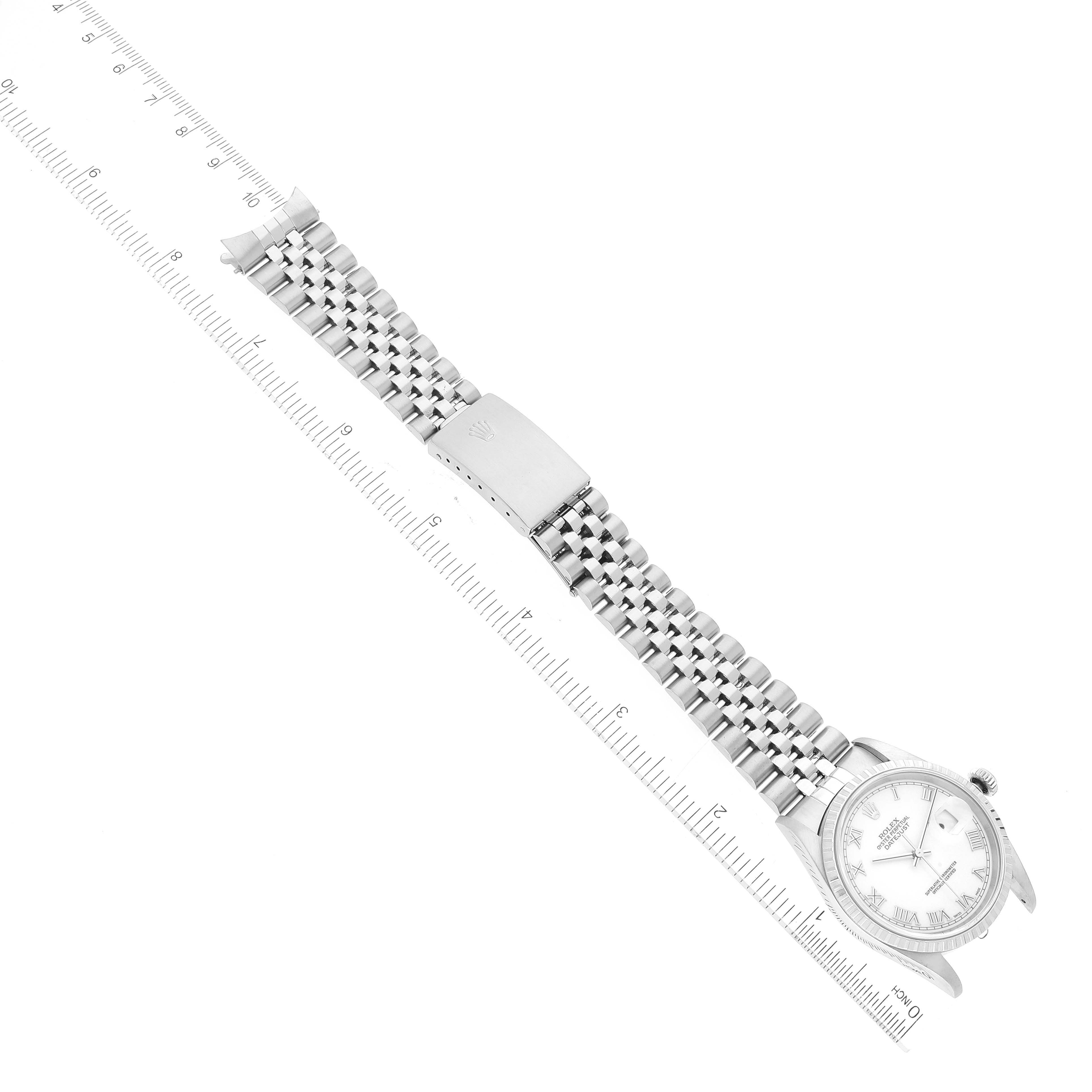 This image shows a Rolex Datejust 16220 Men's Stainless Steel White Dial 16220 Men's Stainless Steel White Dial watch at a top-down angle, displaying the face, bezel, bracelet, and clasp.