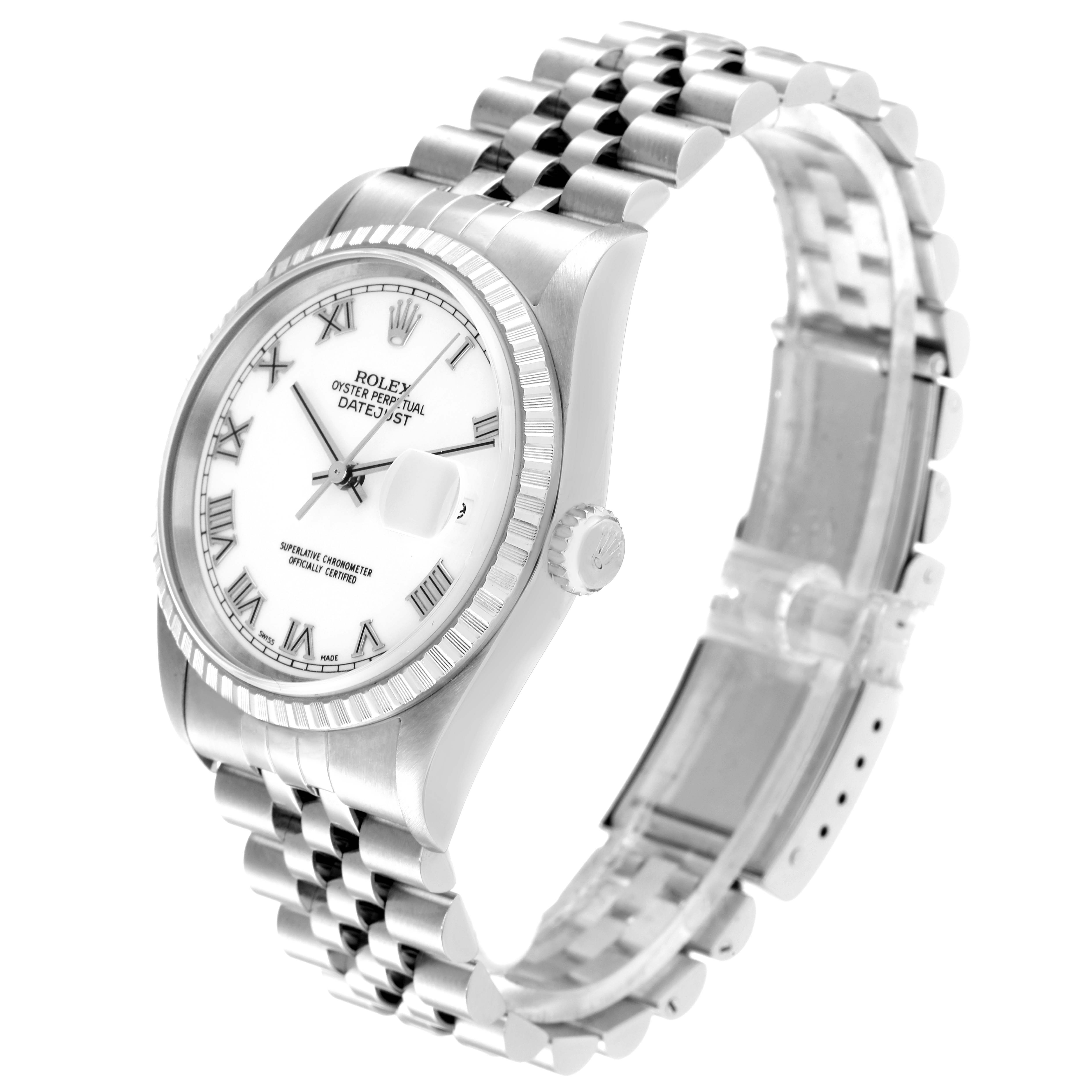 The Rolex Datejust 16220 Men's Stainless Steel White Dial 16220 Men's Stainless Steel White Dial watch is shown at a slight angle displaying its face, bezel, case, and jubilee bracelet.