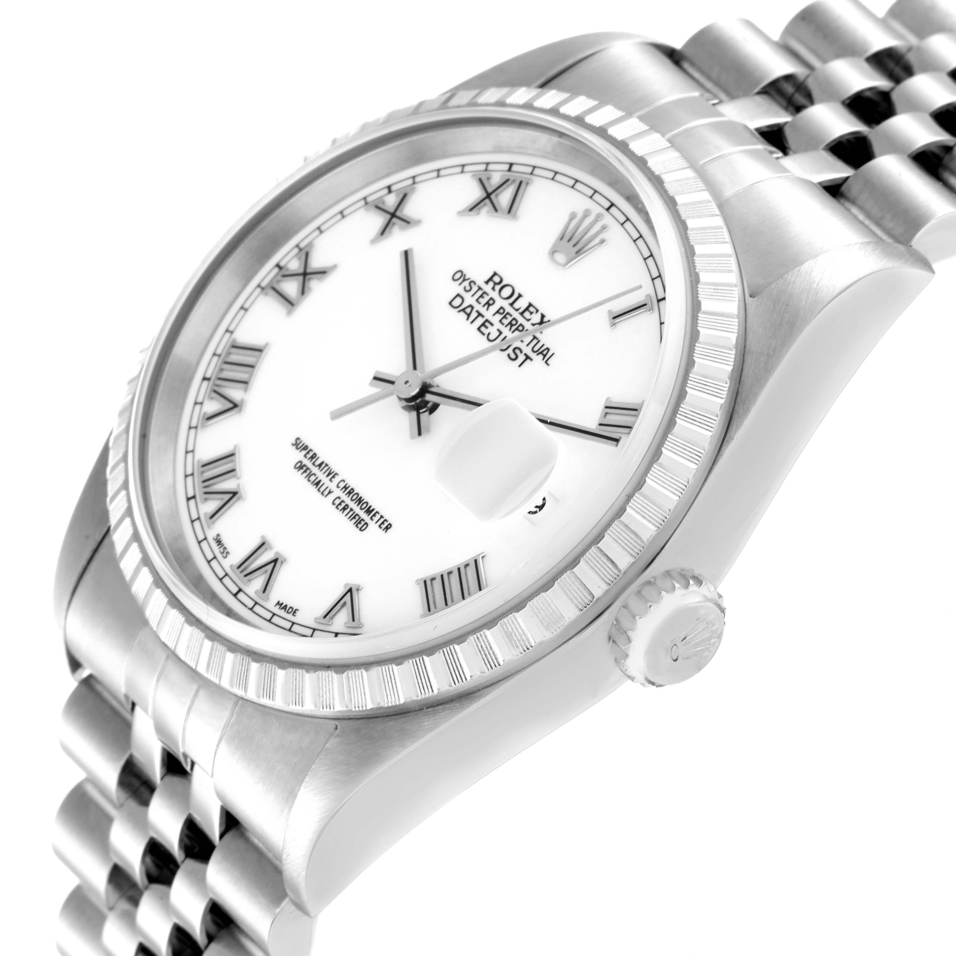 This is a close-up angle of a Rolex Datejust 16220 Men's Stainless Steel White Dial 16220 Men's Stainless Steel White Dial watch displaying the face, bezel, crown, and bracelet links.