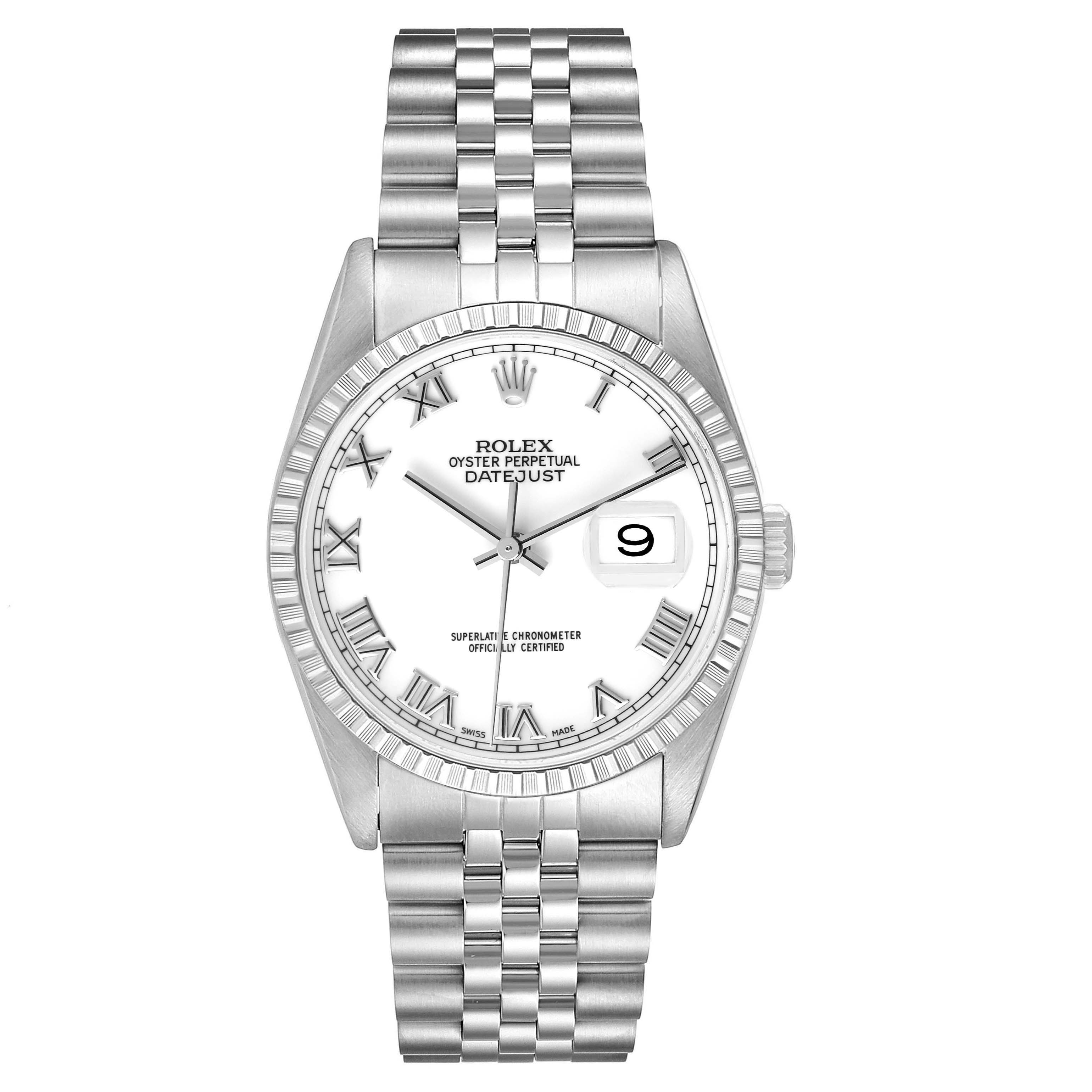 The image shows a front view of a Rolex Datejust 16220 Men's Stainless Steel White Dial 16220 Men's Stainless Steel White Dial watch, including its face, bezel, crown, and bracelet.
