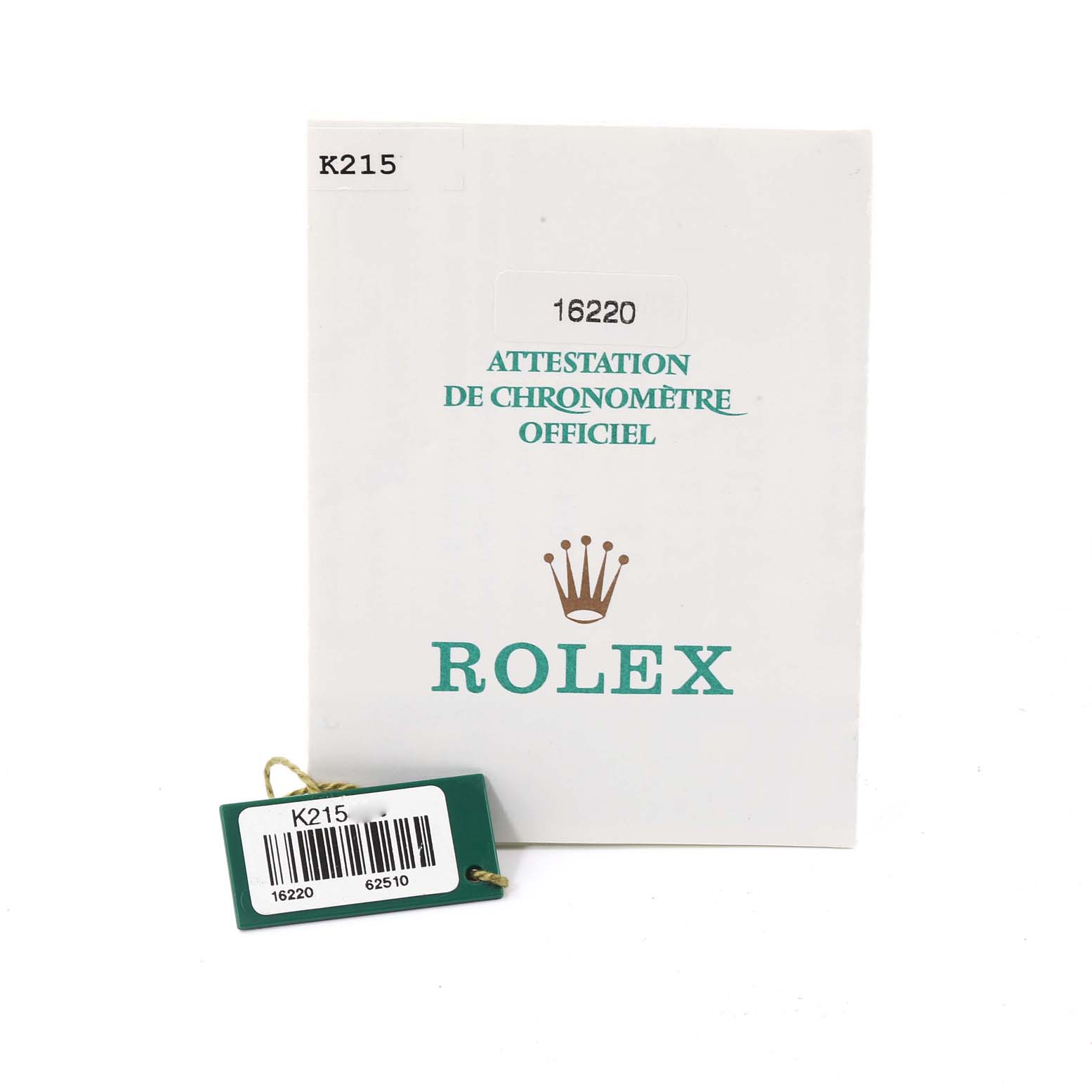 The image shows the official Rolex certification document and a green tag for the Datejust model.