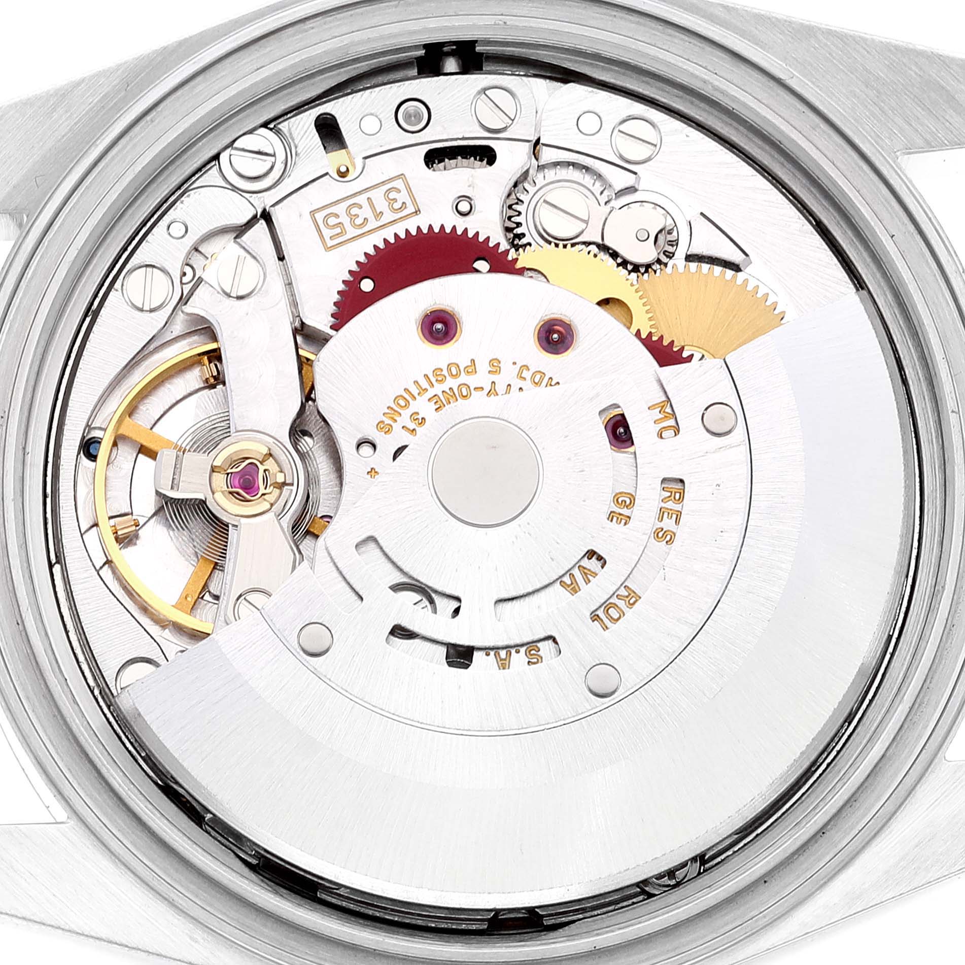 This image shows the inner mechanical movement of a Datejust model by Rolex from a top-down angle.