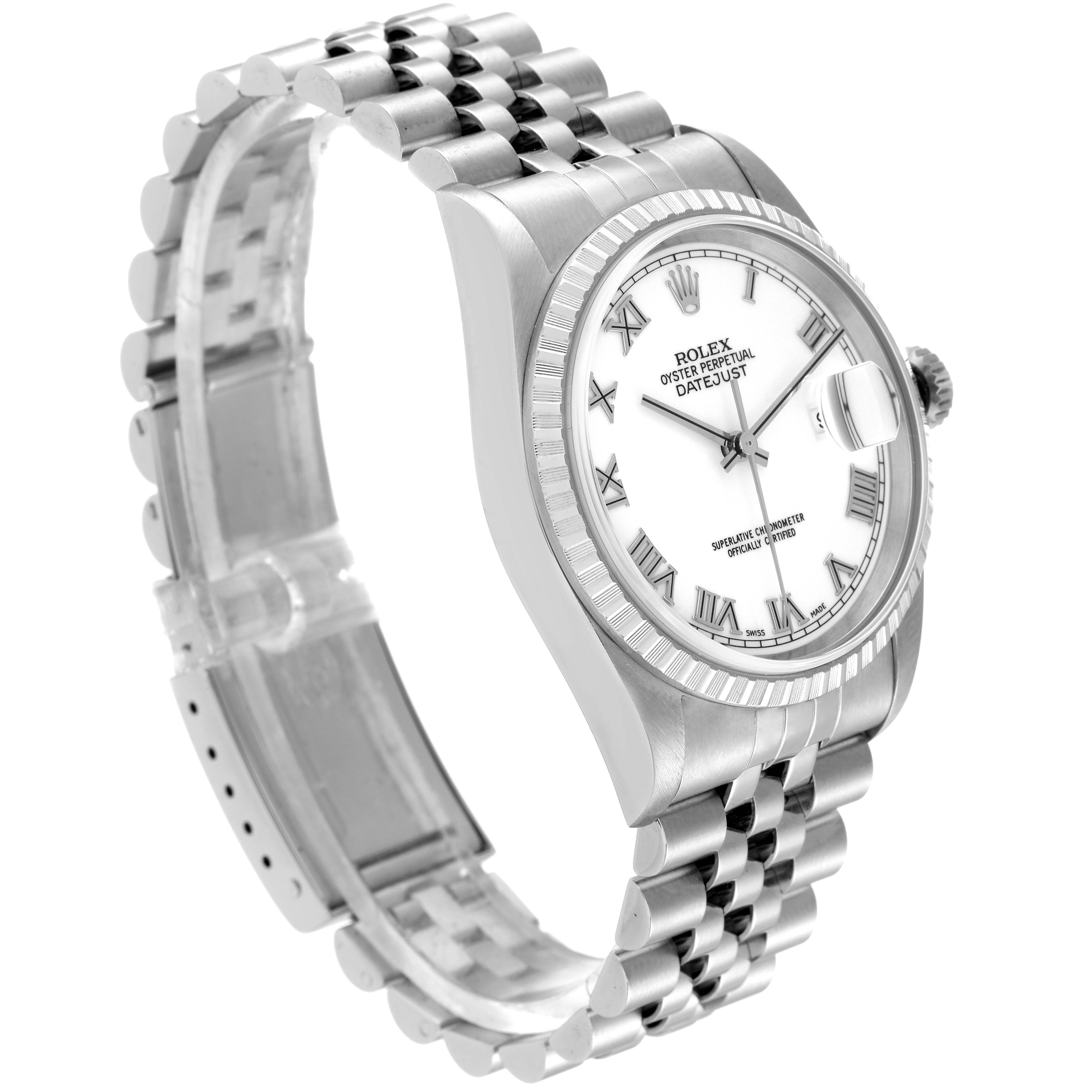 The image shows a Rolex Datejust 16220 Men's Stainless Steel White Dial 16220 Men's Stainless Steel White Dial watch from a three-quarter angle, highlighting the face, bezel, and bracelet.