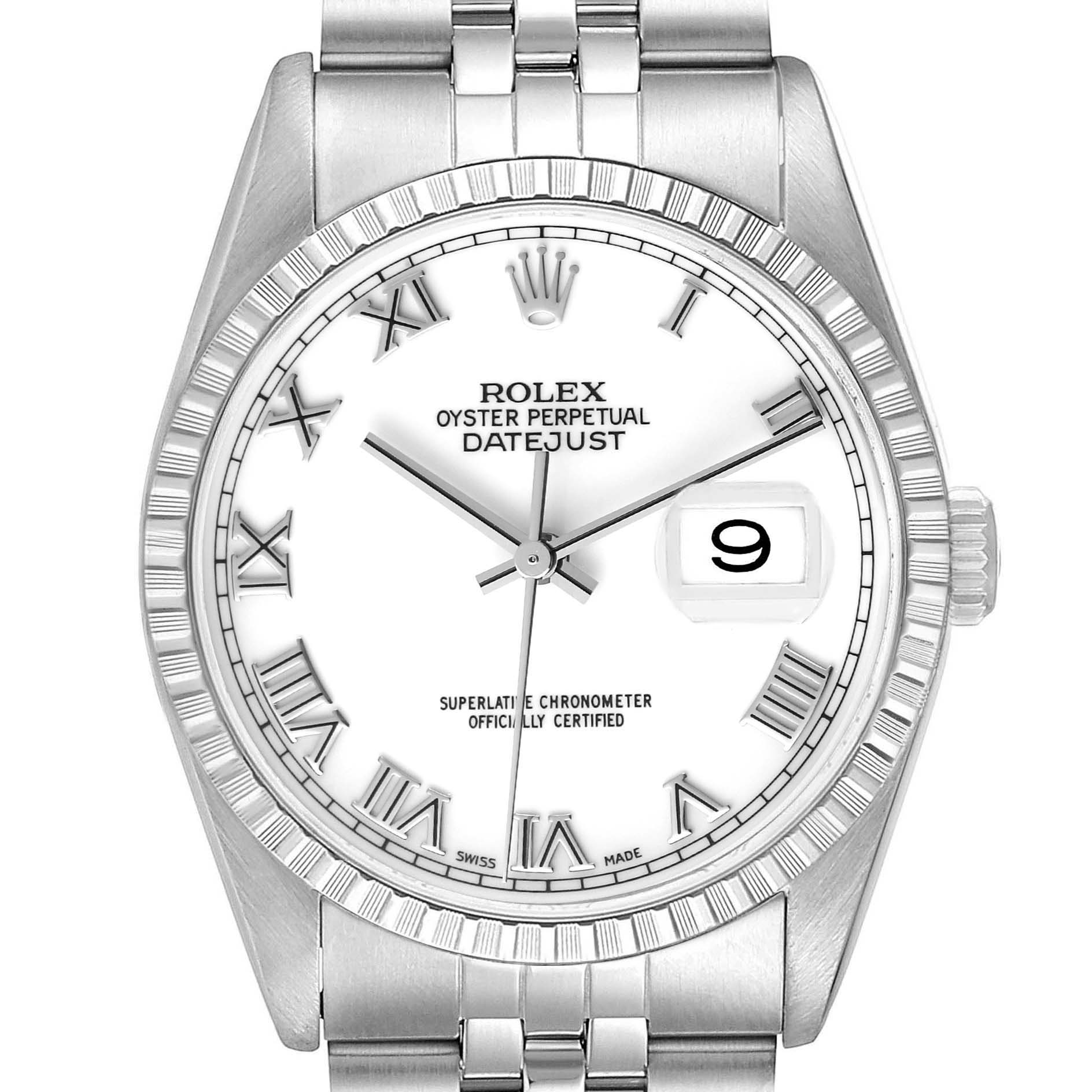 The image shows a front view of the Rolex Datejust 16220 Men's Stainless Steel White Dial 16220 Men's Stainless Steel White Dial watch, featuring its white dial, fluted bezel, and date window at 3 o'clock.
