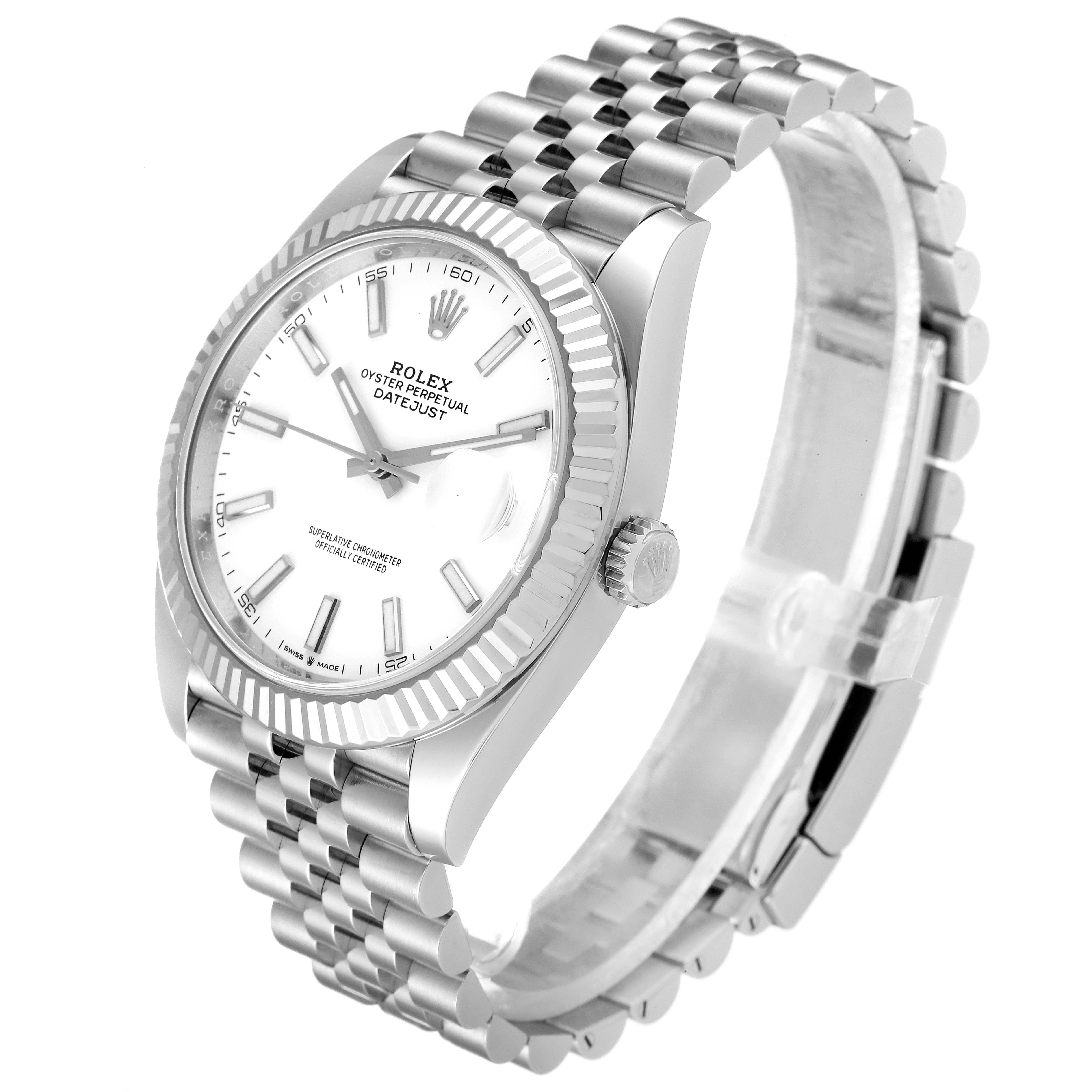 The Rolex Datejust 41 126334 Men
s Stainless Steel White Dial 126334 Men
s Stainless Steel White Dial is shown at a three-quarter angle, highlighting the bezel, dial, crown, and Jubilee bracelet.