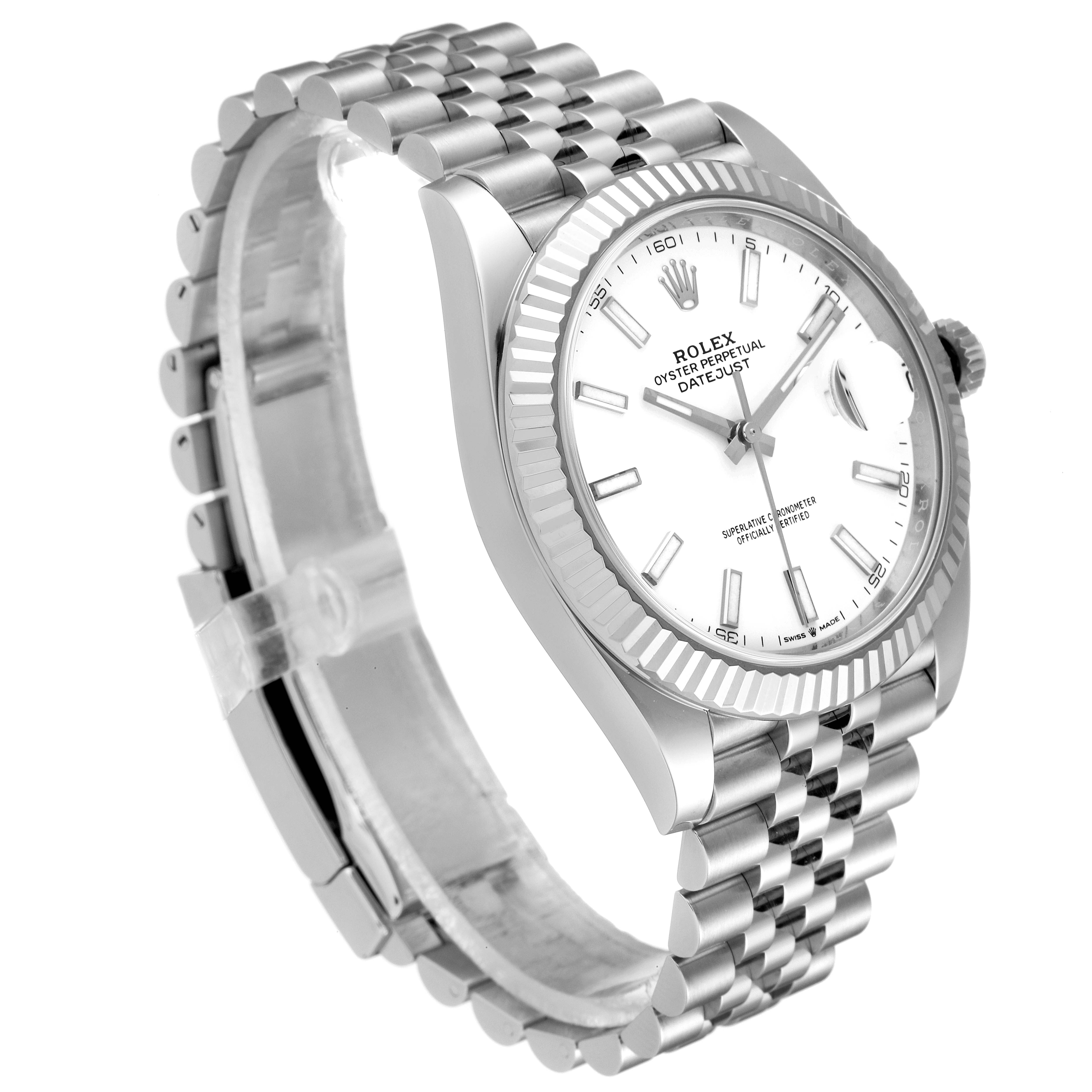 The image shows a Rolex Datejust 41 126334 Men
s Stainless Steel White Dial 126334 Men
s Stainless Steel White Dial model watch, viewed at a three-quarter angle, displaying the dial, bezel, and bracelet.
