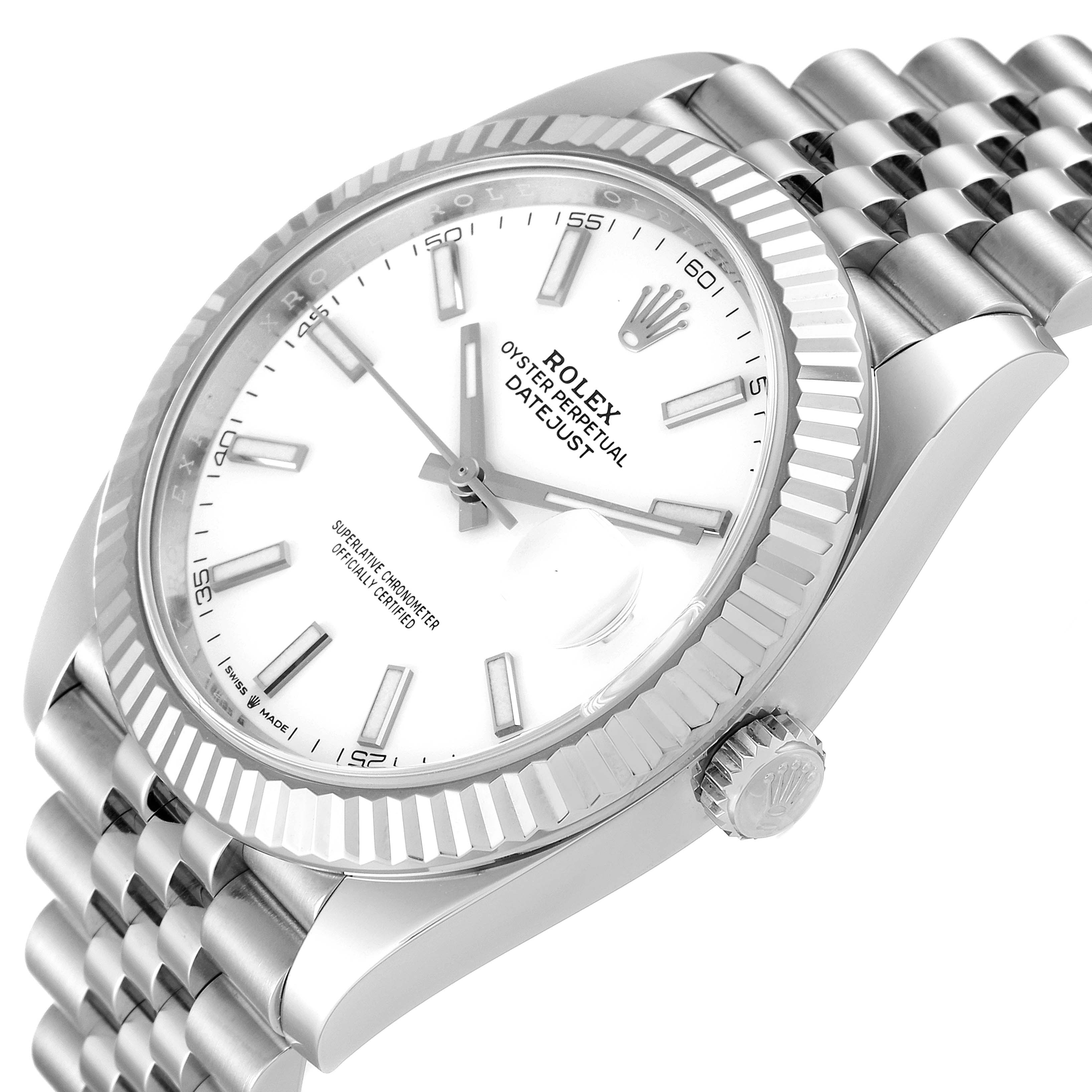 The image shows a close-up, angled view of a Rolex Datejust 41 126334 Men
s Stainless Steel White Dial 126334 Men
s Stainless Steel White Dial watch, focusing on the dial, bezel, crown, and part of the bracelet.