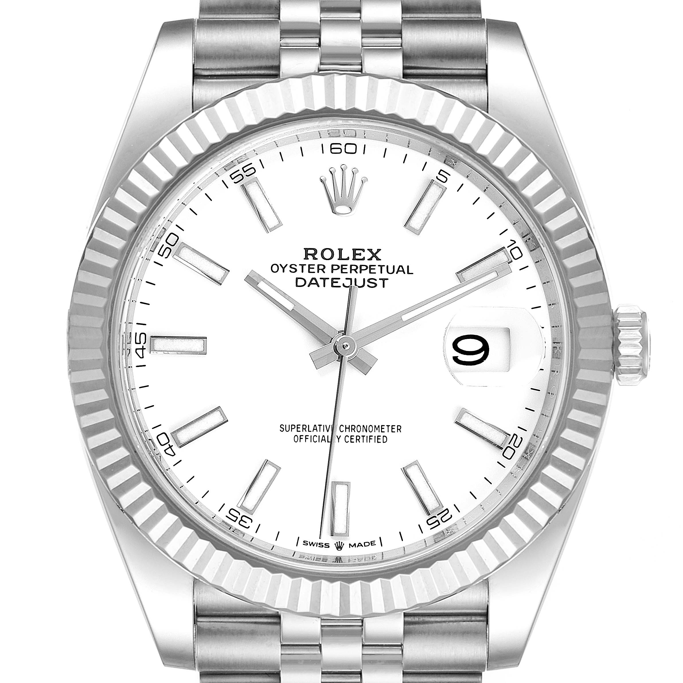 The image shows a frontal view of a Rolex Datejust 41 126334 Men
s Stainless Steel White Dial 126334 Men
s Stainless Steel White Dial watch, highlighting its white dial, fluted bezel, and date window.