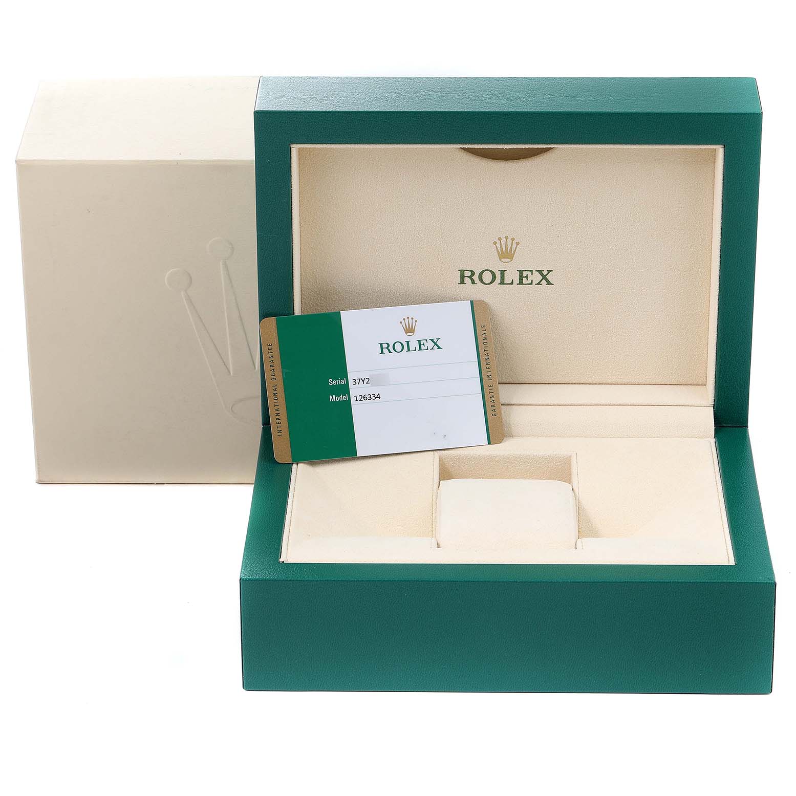 The image shows the box and Best Quality
ation card for a Rolex Datejust 41 126334 Men
s Stainless Steel White Dial 126334 Men
s Stainless Steel White Dial watch, viewed from the front.
