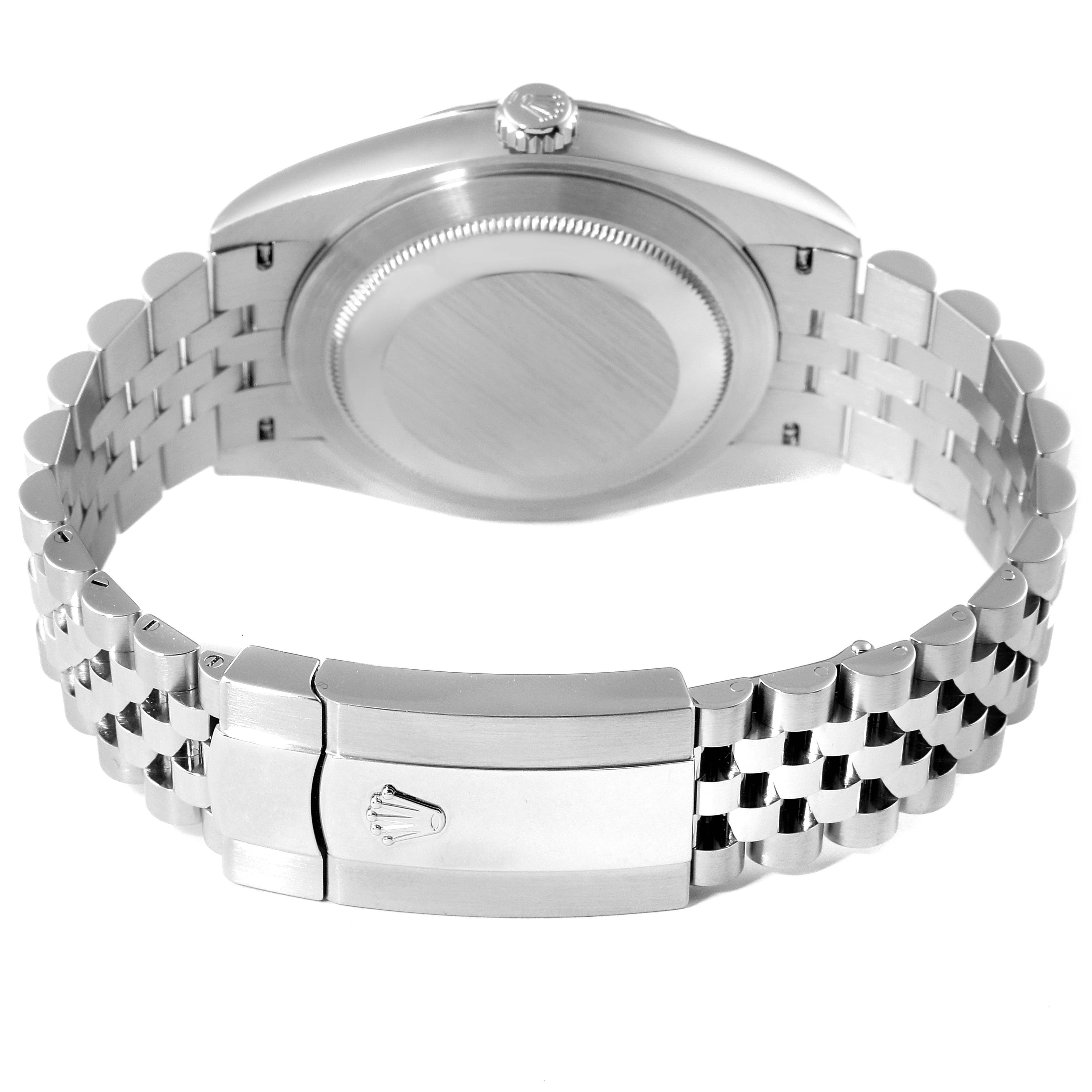 This image shows the back view of a Rolex Datejust 41 126334 Men
s Stainless Steel Silver Dial 126334 Men
s Stainless Steel Silver Dial watch, highlighting its case back, crown, and bracelet with a clasp.