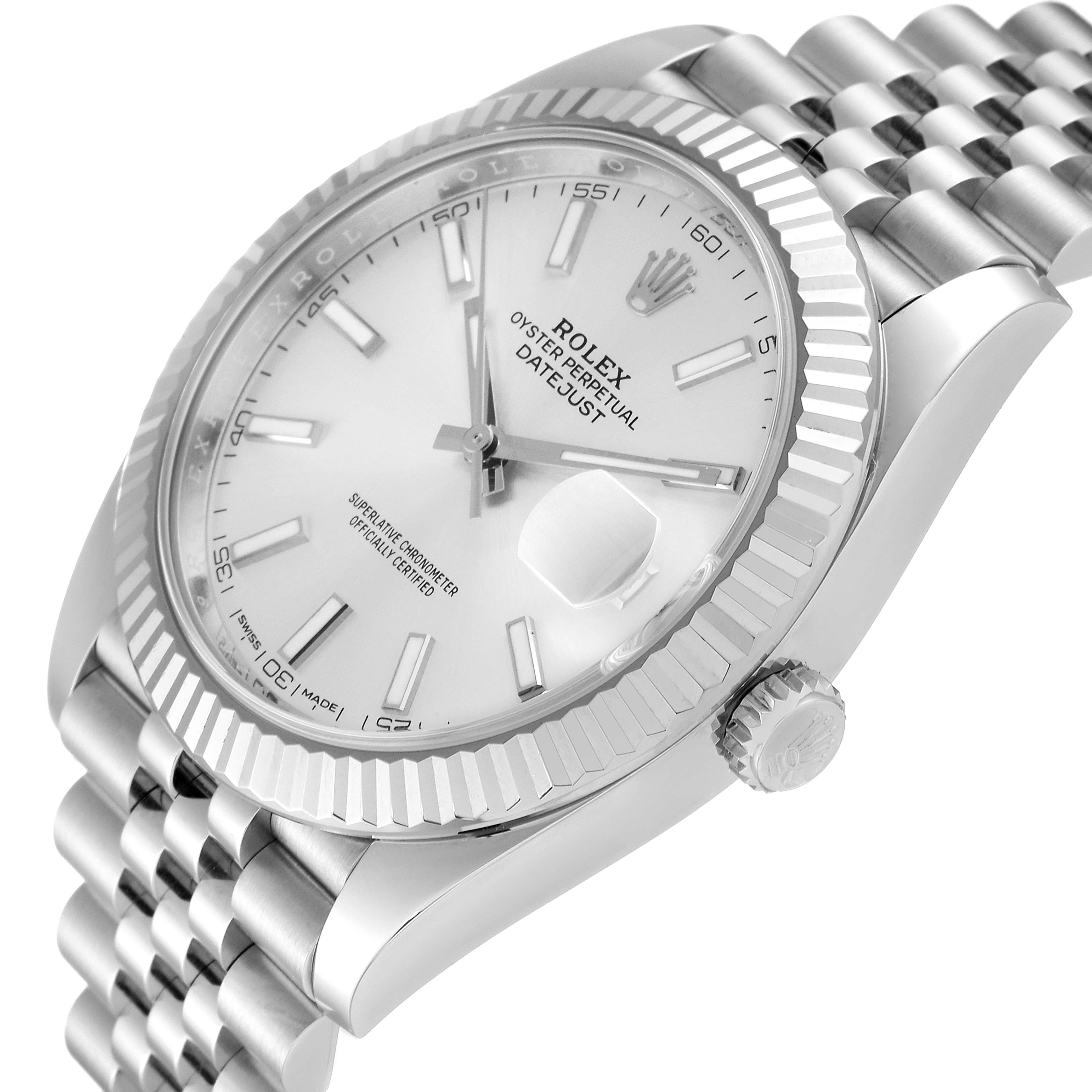 This image shows a Rolex Datejust 41 126334 Men
s Stainless Steel Silver Dial 126334 Men
s Stainless Steel Silver Dial watch at an angle highlighting its face, fluted bezel, and Jubilee bracelet.