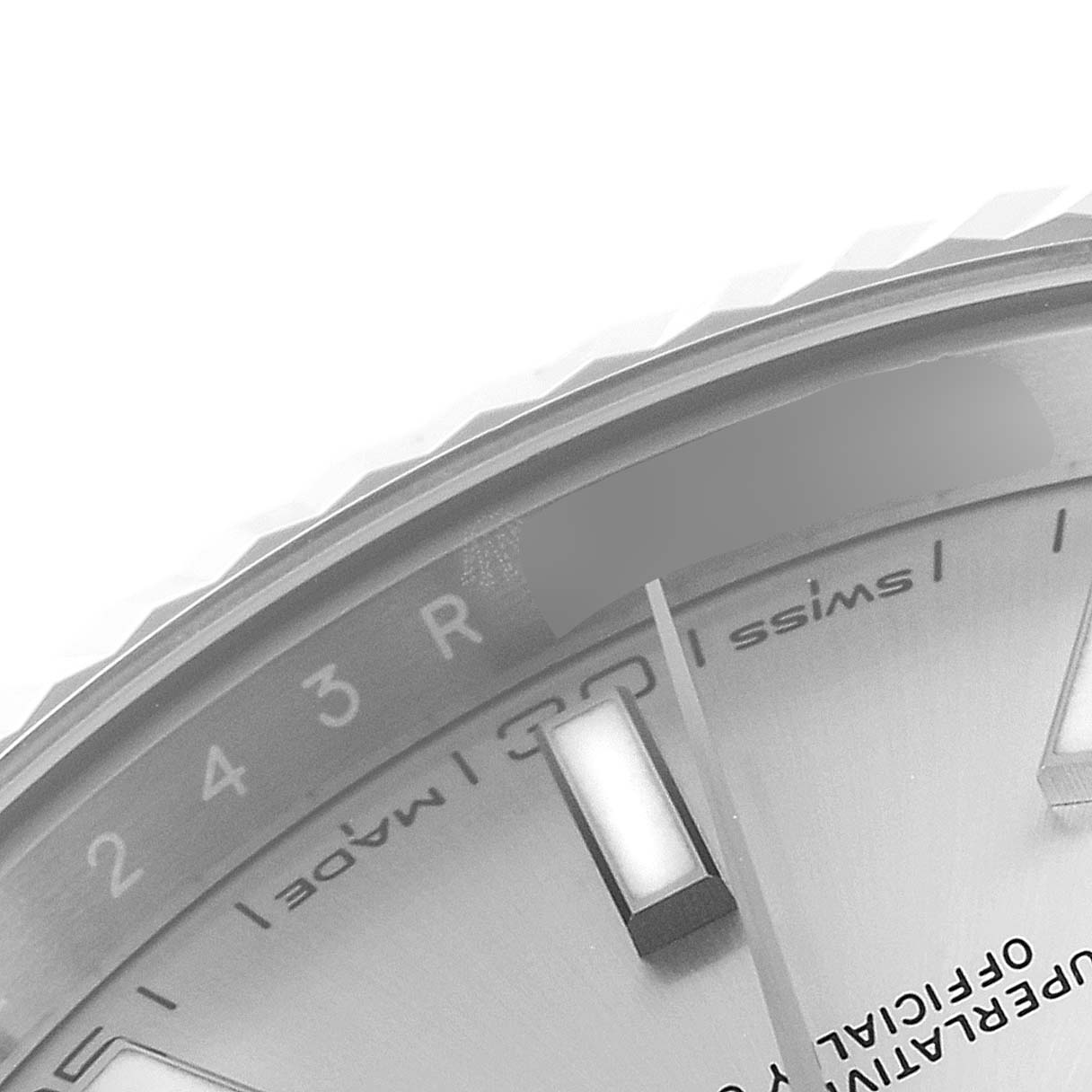 This image shows a close-up of the dial and part of the bezel of the Rolex Datejust 41 126334 Men
s Stainless Steel Silver Dial 126334 Men
s Stainless Steel Silver Dial watch.