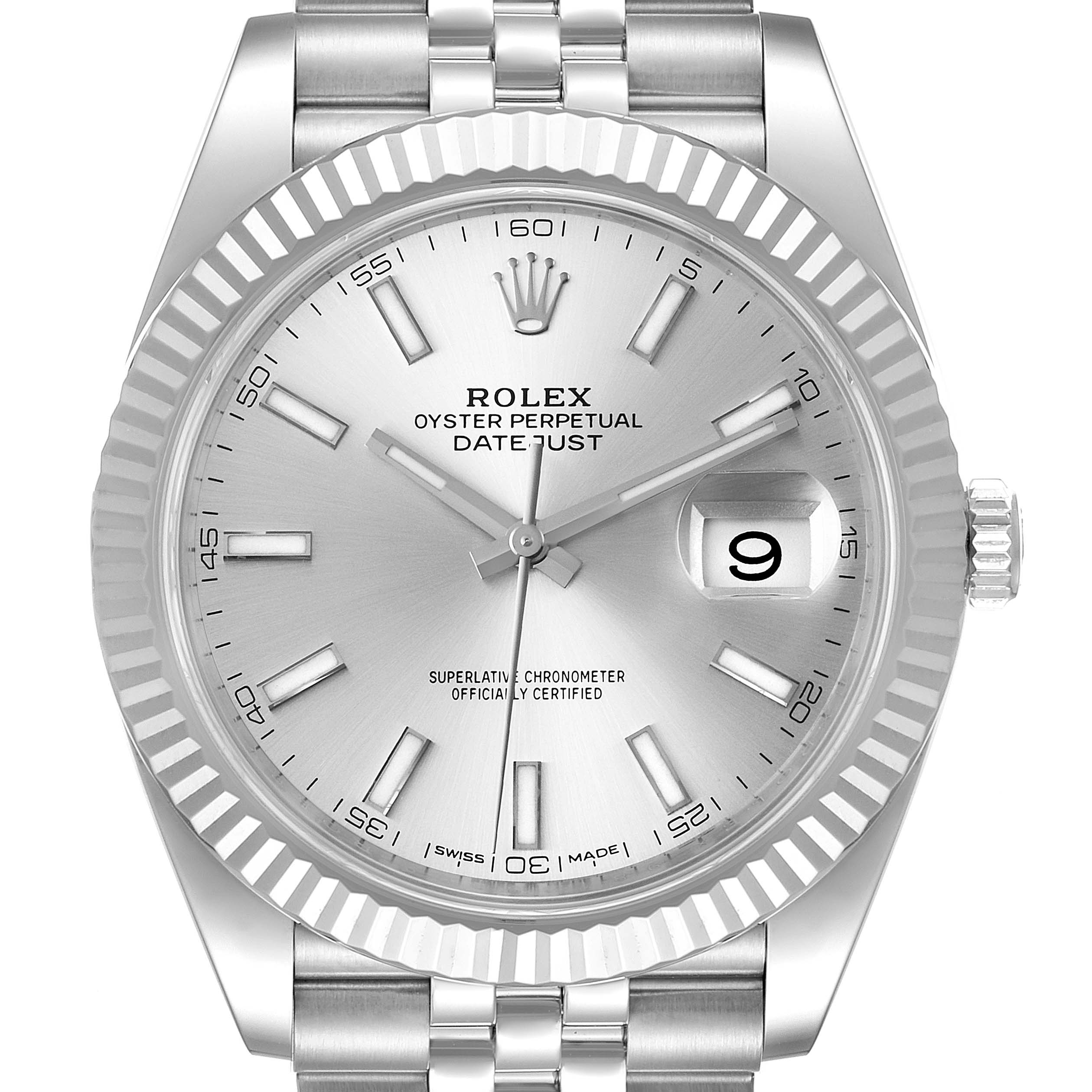 This image shows a front view of the Rolex Datejust 41 126334 Men
s Stainless Steel Silver Dial 126334 Men
s Stainless Steel Silver Dial watch, highlighting the dial, hands, date window, and bezel.
