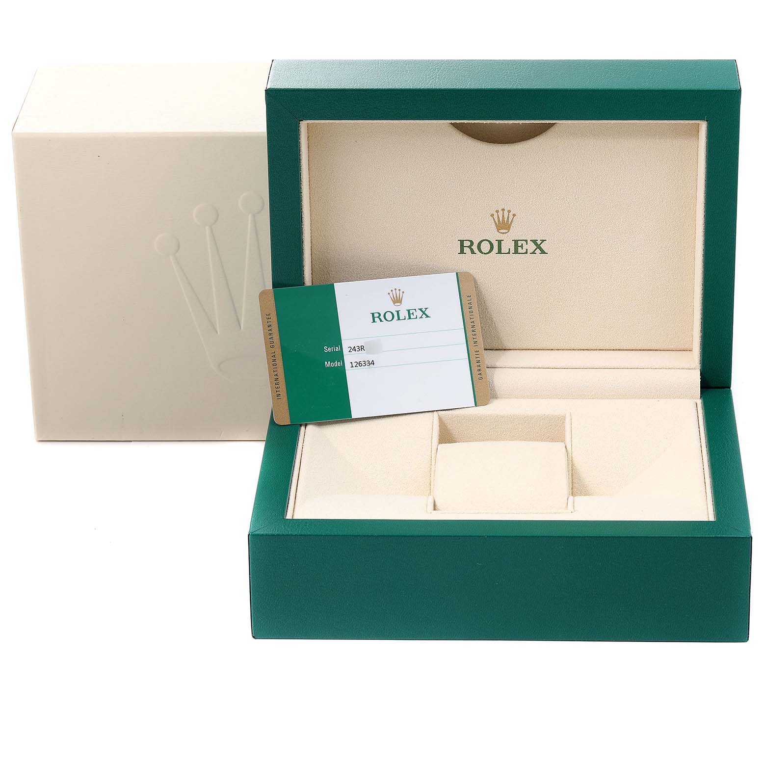 The image shows the packaging and Best Quality
ity card of the Rolex Datejust 41 126334 Men
s Stainless Steel Silver Dial 126334 Men
s Stainless Steel Silver Dial model, including an open green and beige box.