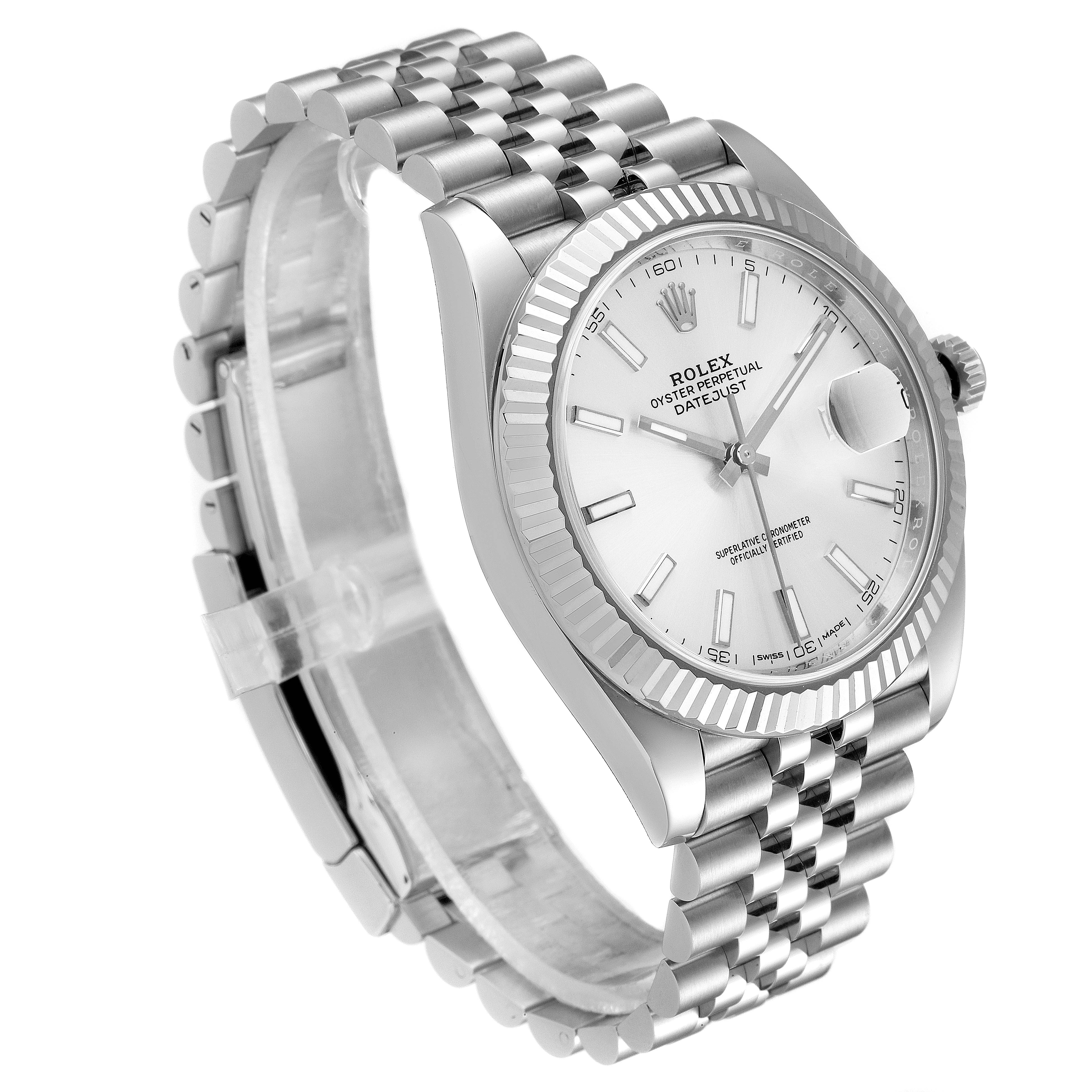 This Rolex Datejust 41 126334 Men
s Stainless Steel Silver Dial 126334 Men
s Stainless Steel Silver Dial model watch is shown at a three-quarter side angle, featuring the watch face, bracelet, and crown.