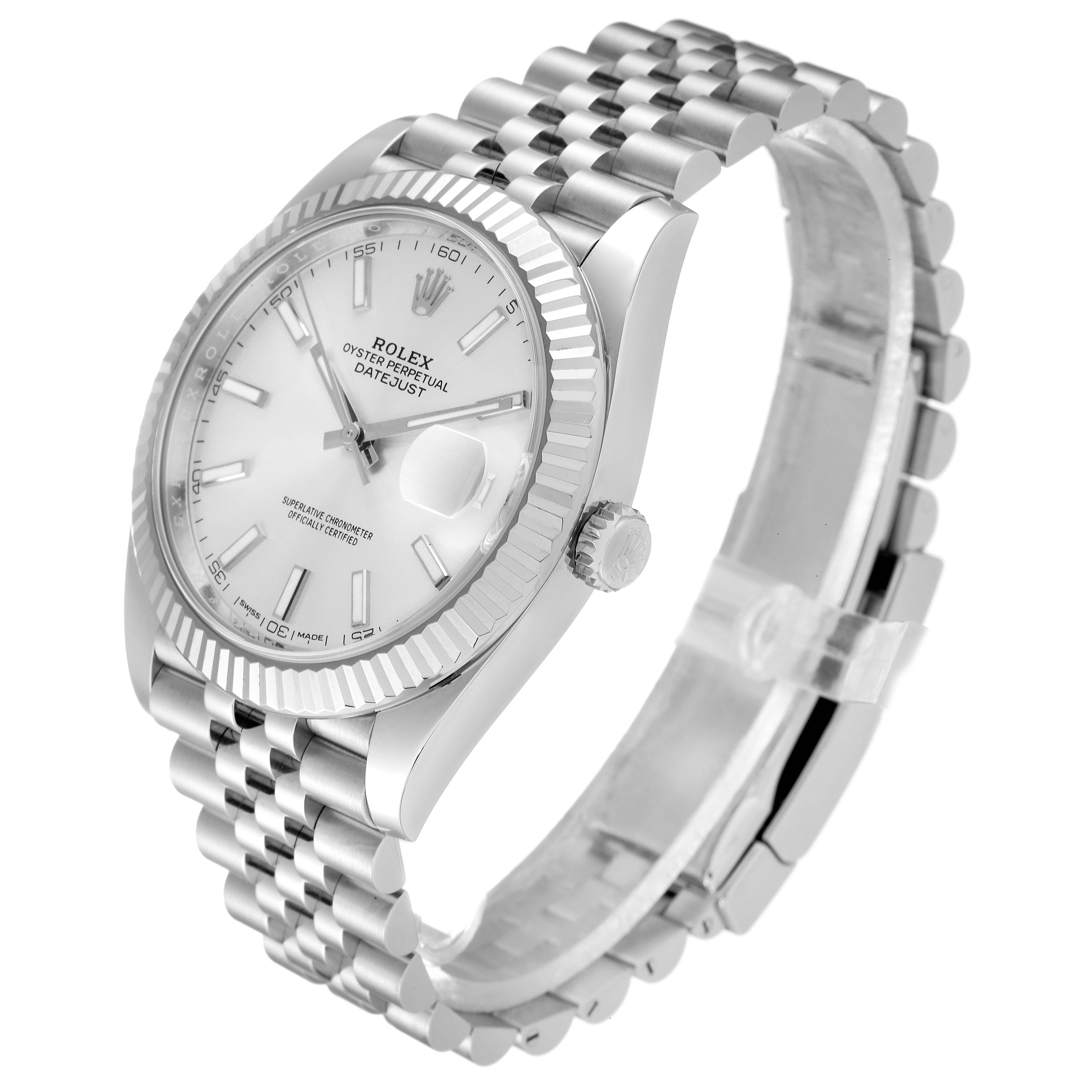 The Rolex Datejust 41 126334 Men
s Stainless Steel Silver Dial 126334 Men
s Stainless Steel Silver Dial shown is angled slightly to the right, highlighting its face, bezel, crown, and part of its bracelet.