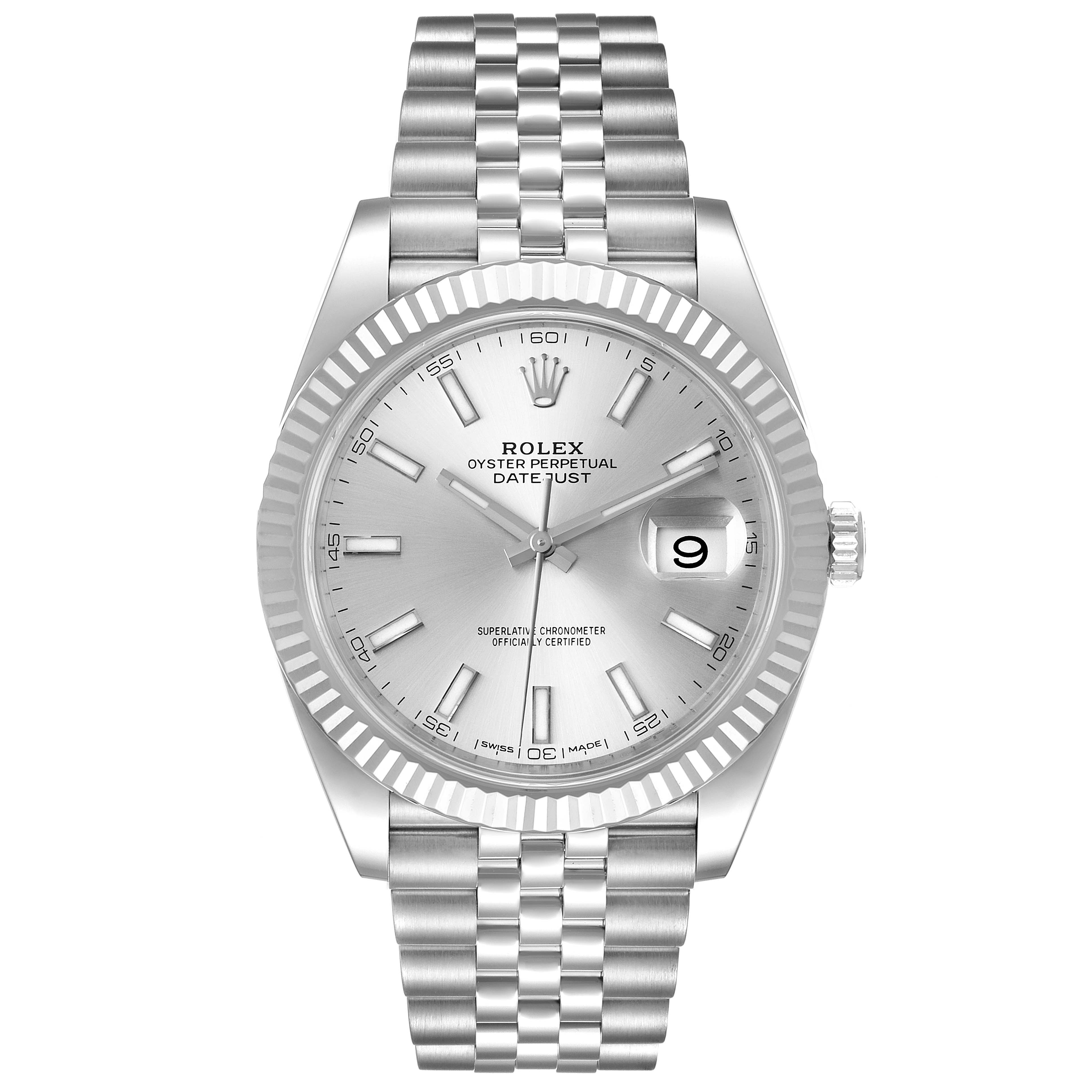 This image shows a front view of the Rolex Datejust 41 126334 Men
s Stainless Steel Silver Dial 126334 Men
s Stainless Steel Silver Dial watch, highlighting the dial, bezel, and bracelet.