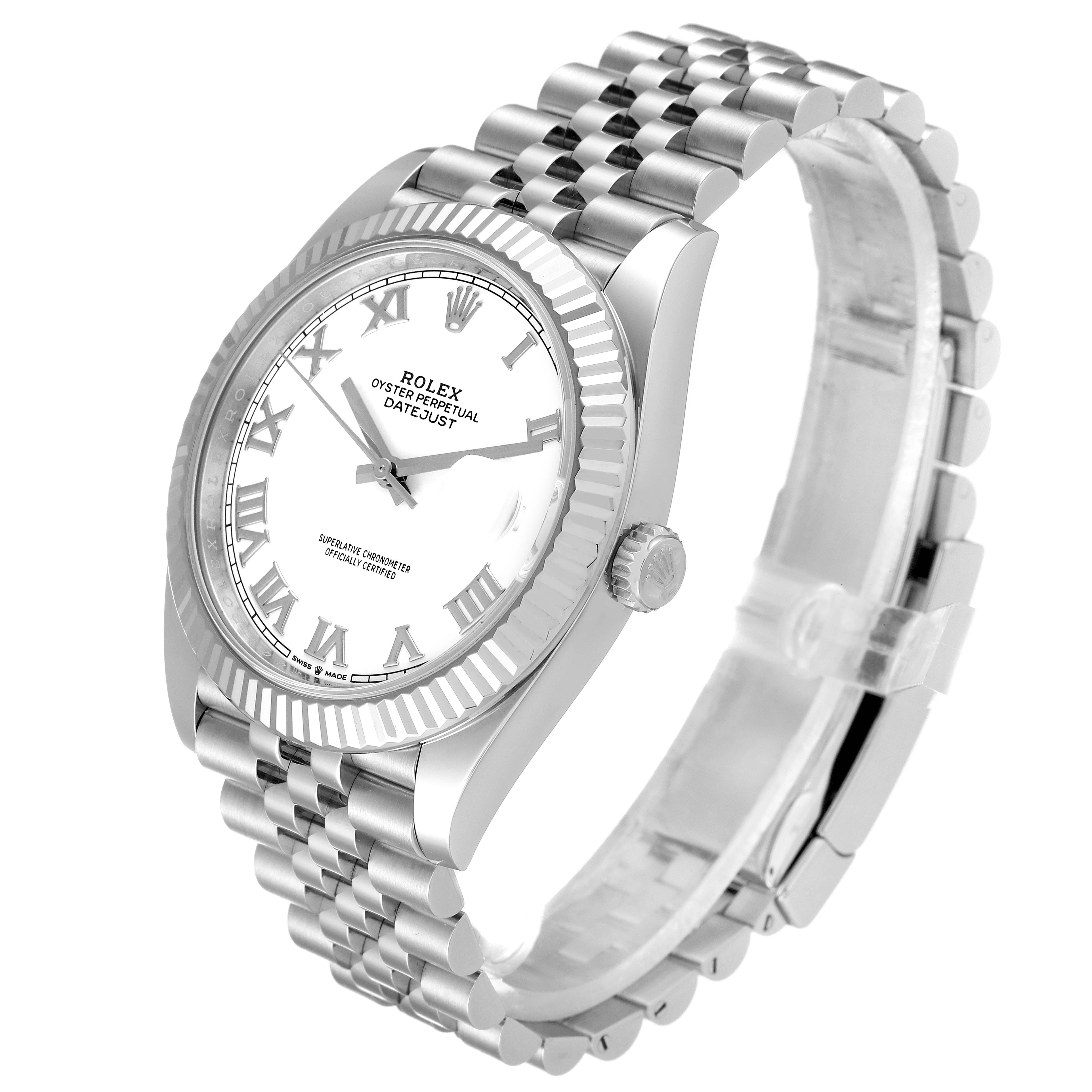 The Rolex Datejust 41 126334 Men
s Stainless Steel White Dial 126334 Men
s Stainless Steel White Dial watch is shown at a slight angle, highlighting the face, bezel, crown, and bracelet.